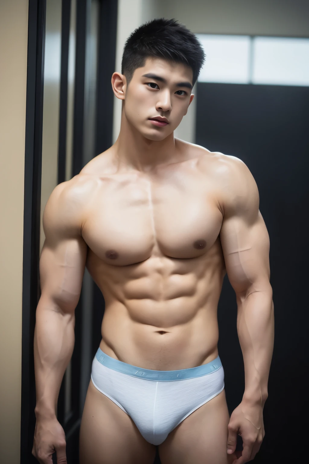 Masterpiece, Best Quality, Solo, Korean Men, gym background, bodybuilder, Muscular body, big muscle, Natural eyes, Large protrusions, Short and delicate hair, Sexy Man, looking up at viewer, Less top, Black Brief, men's underwear, Small plots, Standing, Muscular posture
