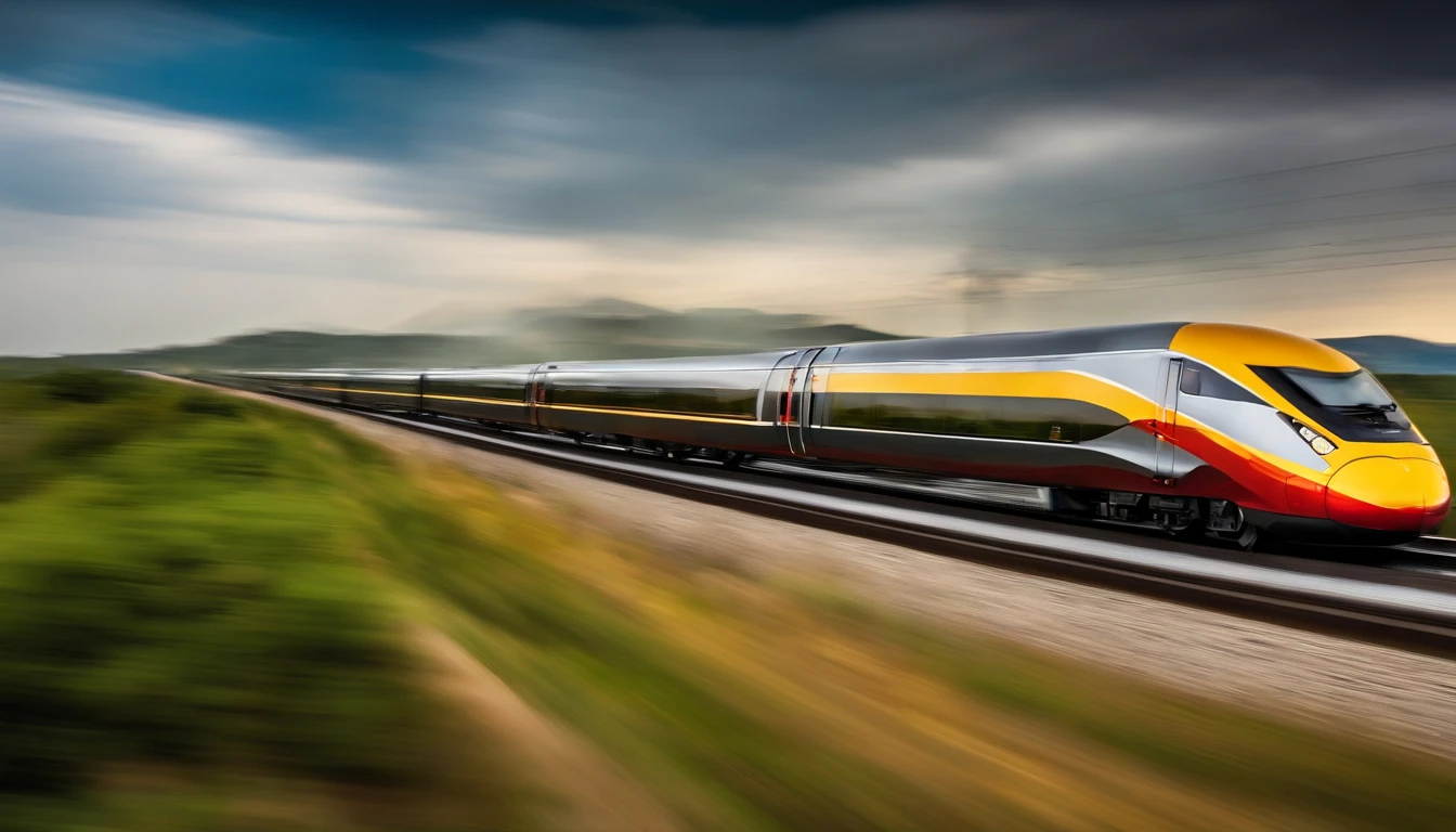 a panoramic shot of the high-speed train cutting through the landscape, with the surrounding environment blurred to emphasize the train’s forward motion. The shot should symbolize progress and innovation