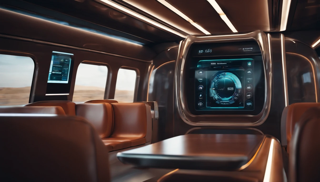 a detail shot of the futuristic interior of the train, showcasing smart technologies such as touch screens, automated systems, and comfortable seating. The shot should convey the seamless integration of technology and travel.
