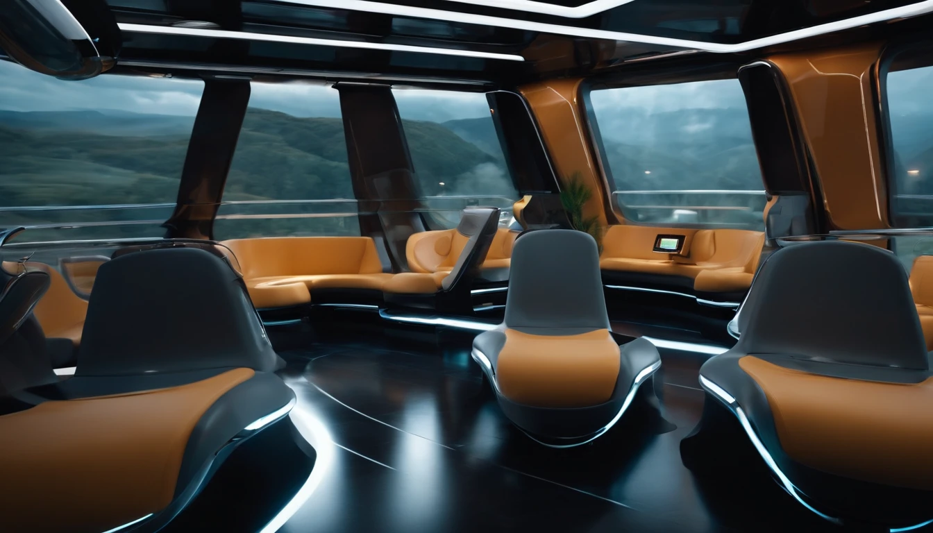 a detail shot of the futuristic interior of the train, showcasing smart technologies such as touch screens, automated systems, and comfortable seating. The shot should convey the seamless integration of technology and travel.