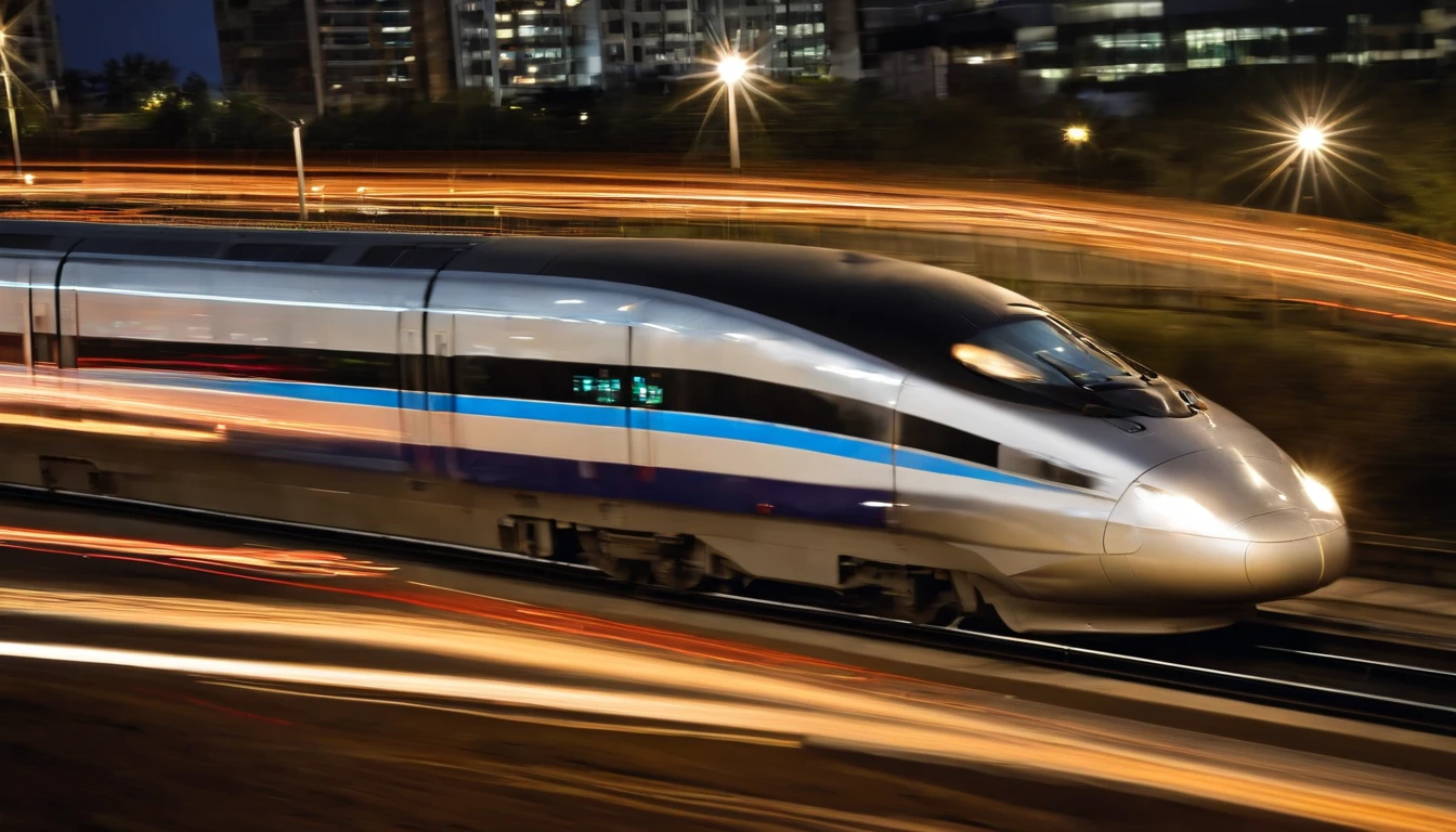 a long-exposure shot of the high-speed train moving through a city at night, with streaks of light trailing behind it. The shot should evoke a sense of excitement and dynamism, representing the future of urban transportation