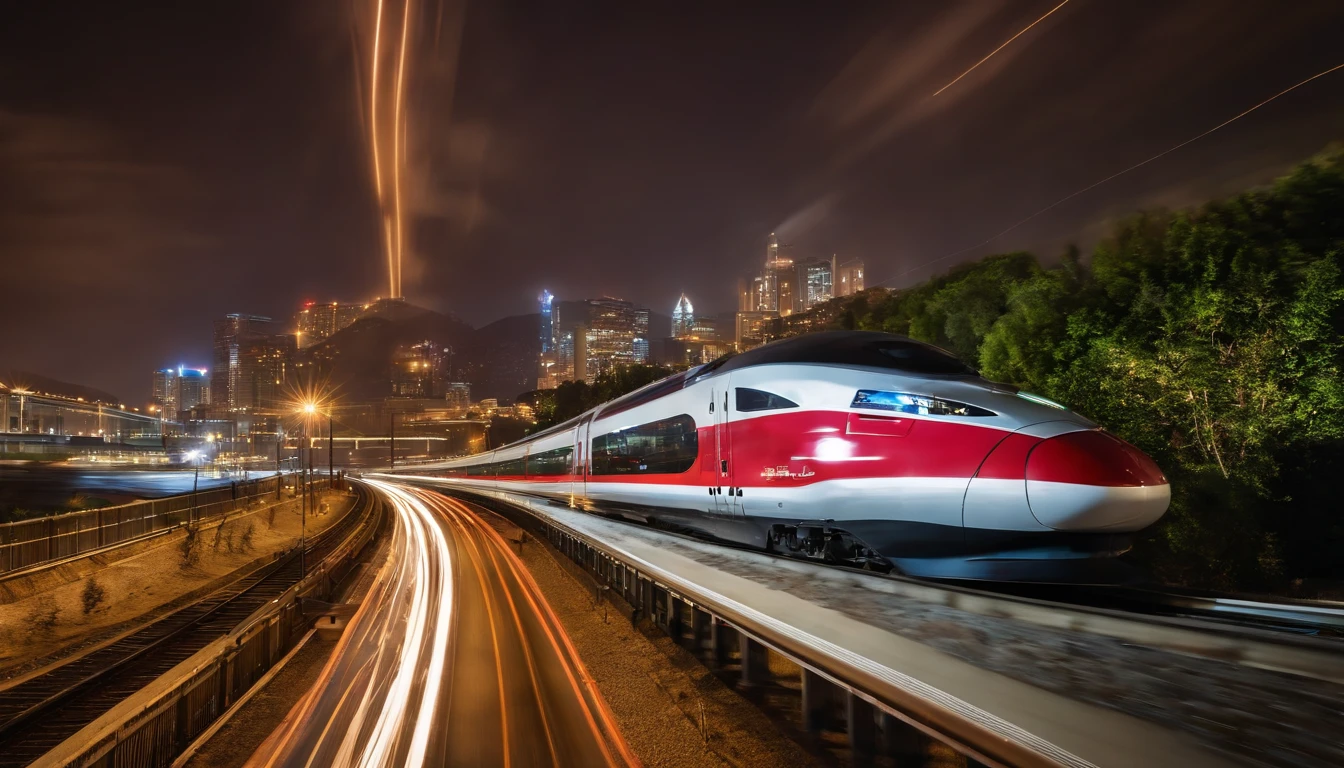 a long-exposure shot of the high-speed train moving through a city at night, with streaks of light trailing behind it. The shot should evoke a sense of excitement and dynamism, representing the future of urban transportation