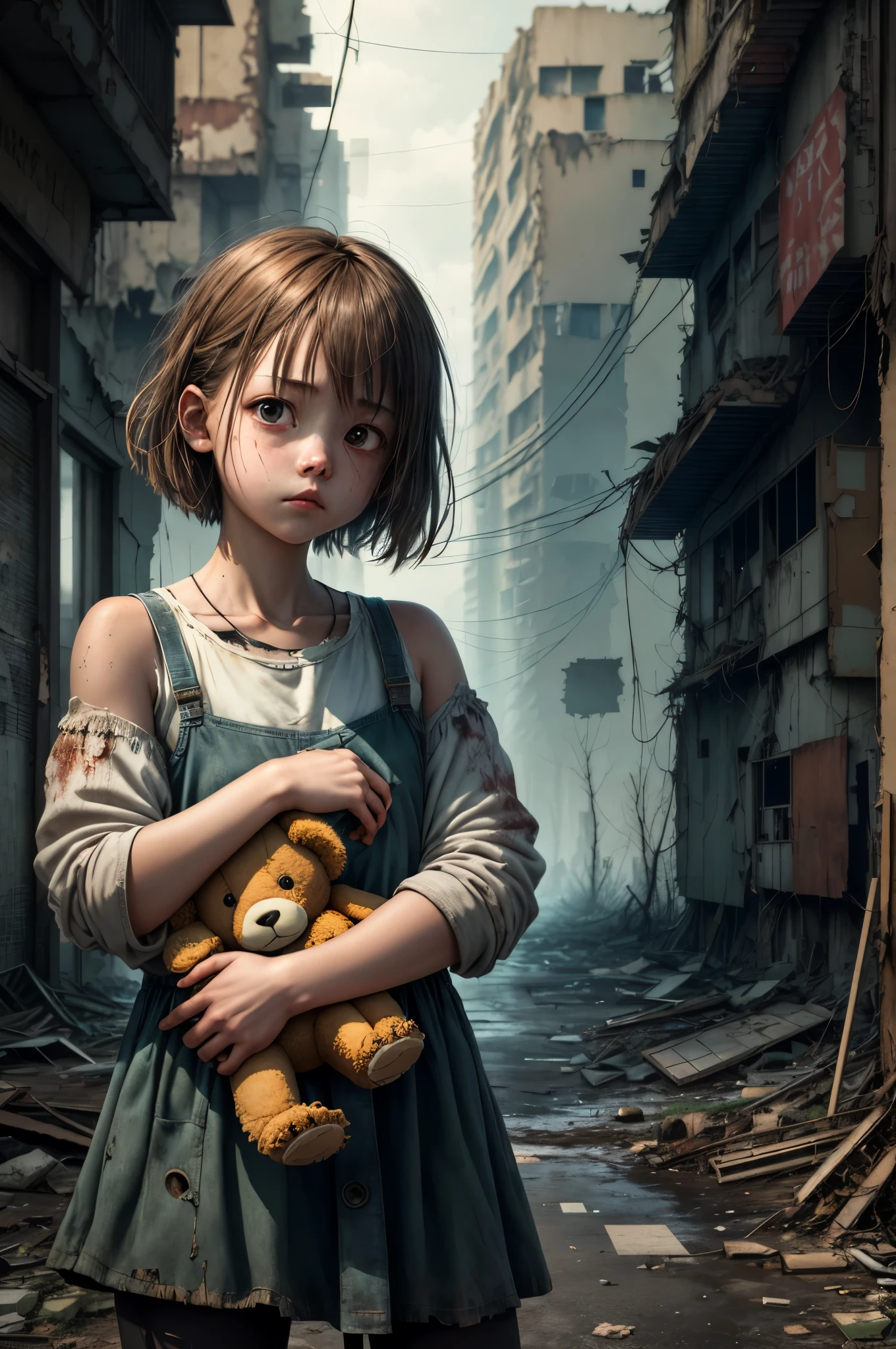 Latter-day world background, A wounded  girl stands in the rubble, She has scars on her body, Wear shabby clothes, Broken shoes, Holding a doll, Light brown hair, ((Best quality)), ((Masterpiece)), (Very detailed :1.3), 。.3D, Beautiful, Ray tracing, NVIDIA RTX, Super resolution, Unreal 5, Subsurface scattering, PBR textures, post-proces, Anisotropic filtering, Depth of field, Maximum clarity and sharpness, Multi-layered textures, Reflectivity and specular mapping, Surface Coloring, Accurate simulation of light material interactions, Perfect proportions, Octane rendering, Two-tone lighting, Low ISO, White balance, Rule of thirds, Wide aperture, 8K raw data, High-Efficiency Sub-Pixel, sub-pixel volume product, Luminous Particle,