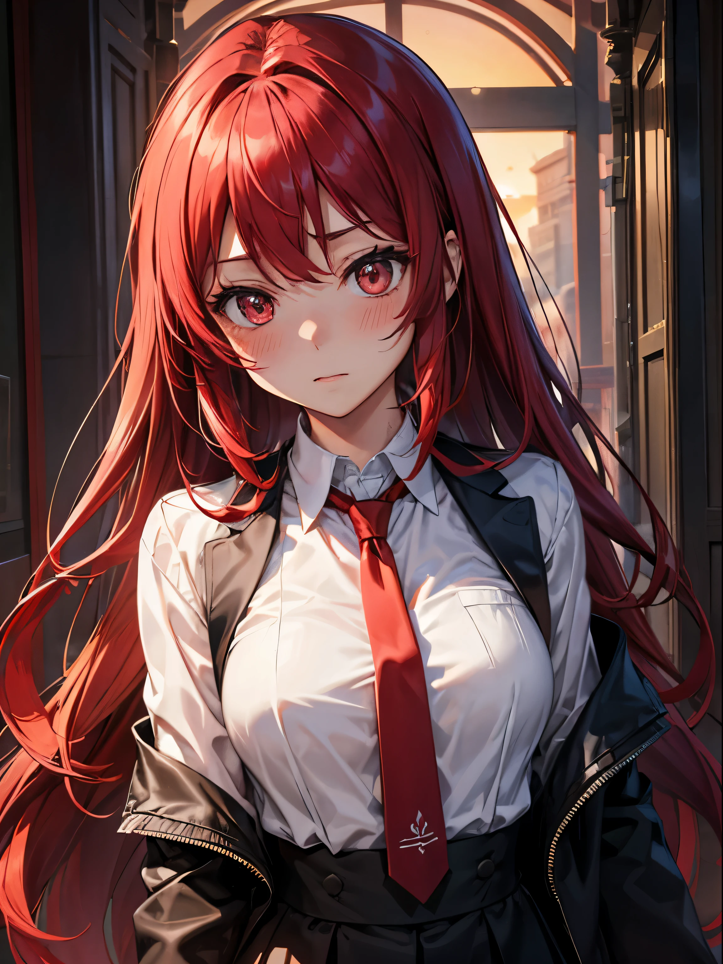 Masterpiece, Best quality,Extremely detailed Cg Unity 8K wallpaper,
2girls,Shana,Red hair,Red eyes,long sleeves school uniform,Kiss,Lori huge breasts cleavage,teens girl,Black hair,wind coat,Poor milk