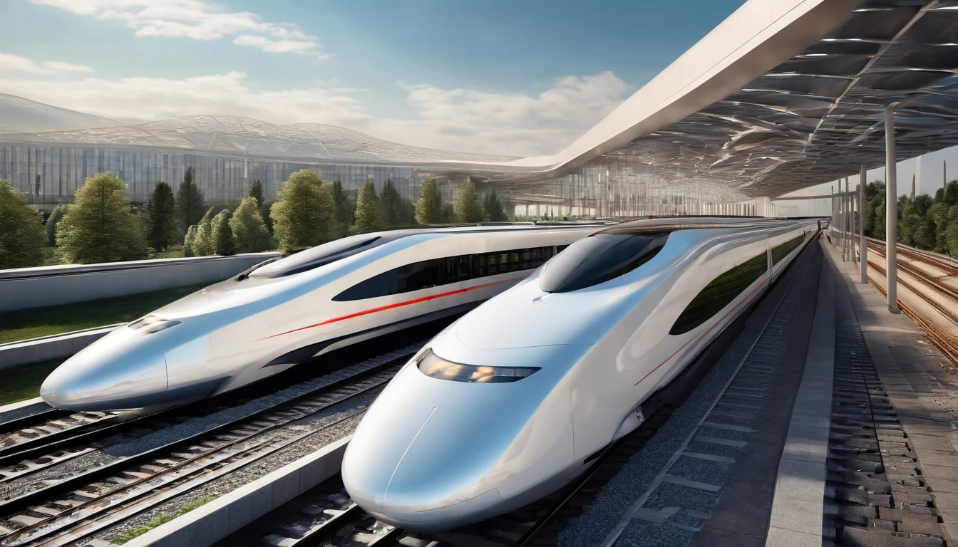 an aerial shot of the high-speed train speeding through a beautifully designed railway station, with futuristic architecture and smart technologies integrated into the infrastructure. The shot should showcase the seamless connection between transportation and innovation