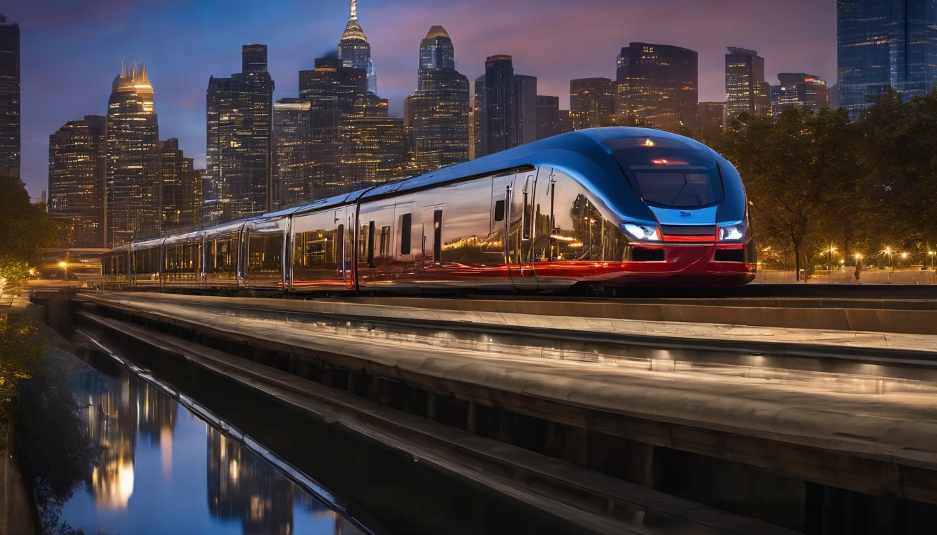 a reflective shot of the train’s sleek exterior, with the surrounding environment and cityscape reflected on its surface. The shot should symbolize the train as a beacon of progress and technological advancement