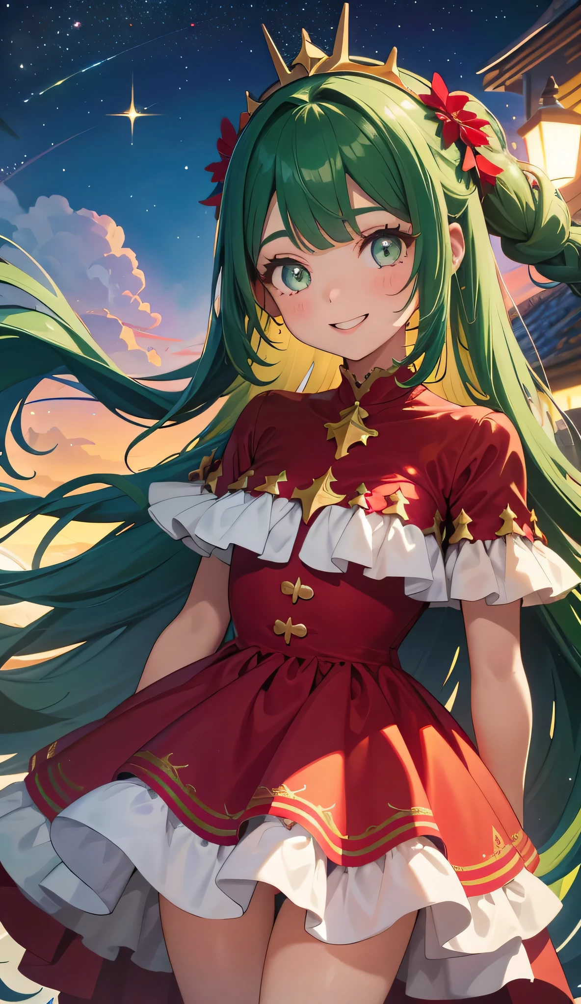 1girl em、uma loira、rabo de cavalo、olhos vermelhos、Seios pequenos、um sorriso、rir、Natal、Vestido com fantasia de Papai Noel、Cores baseadas em vermelho e verde