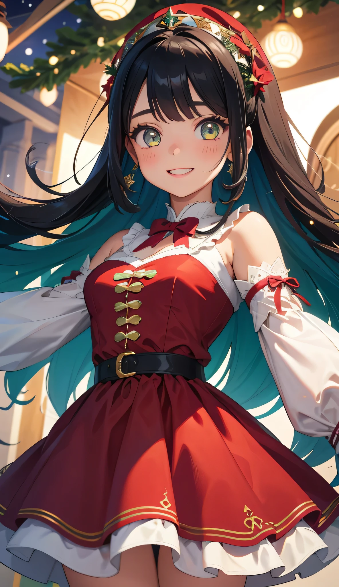 1girl em、uma loira、rabo de cavalo、olhos vermelhos、Seios pequenos、um sorriso、rir、Natal、Vestido com fantasia de Papai Noel、Cores baseadas em vermelho e verde
