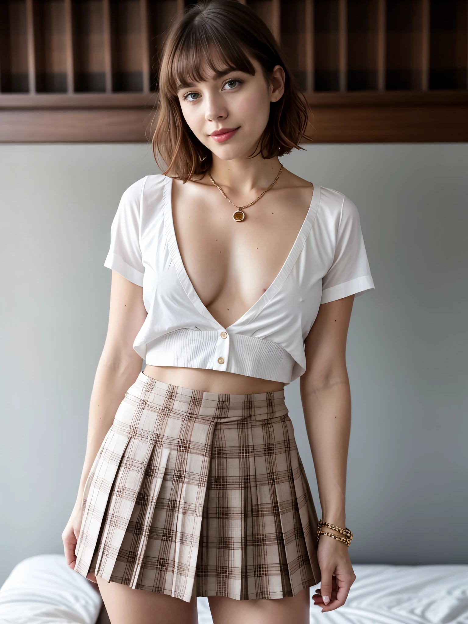 nsfw, 8K raw photo, Best quality, masterpiece, ultra high res, film grain, 1girl, looking at viewer, natural skin texture, realistic eye and face details, full lips, lipstick, rouge \(makeup\), red eyeshadow, fluffy short hair, messy hair, smile, close mouth, beautiful legs, tall female, skinny, slim_legs, medium breasts, cleavage, ultra short skirt, ass, open shirt, bedroom background, plaid skirt, white shirt, loafers, blurry background, brown hair, bracelet, water, bangs, school uniform, jewelry, parted lips, pleated skirt, depth of field, from behind