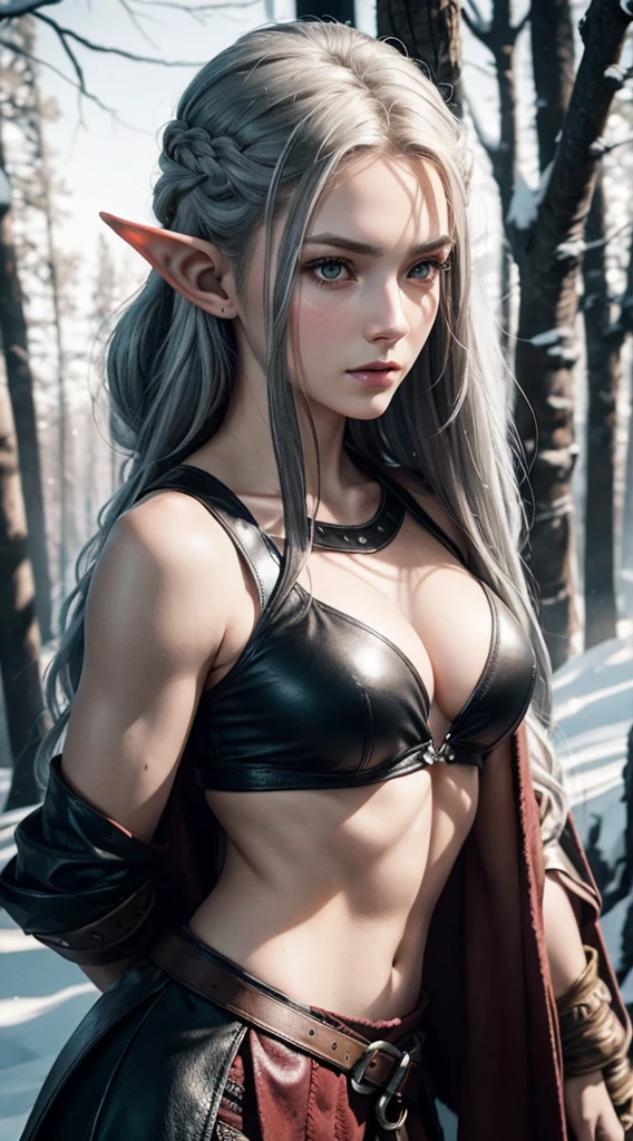 RAW, professional photograph, medium shot, photorealistic, realistic lights, realistic shadows, hyper-realistic, ray tracing, super detail, UHD, 8k, female elf, twenty years old, athletic body, soft facial features, long braided hair, viking hairstyle, straight hair, white hair, gray eyes, viking leather clothing, forest in winter, sharp image