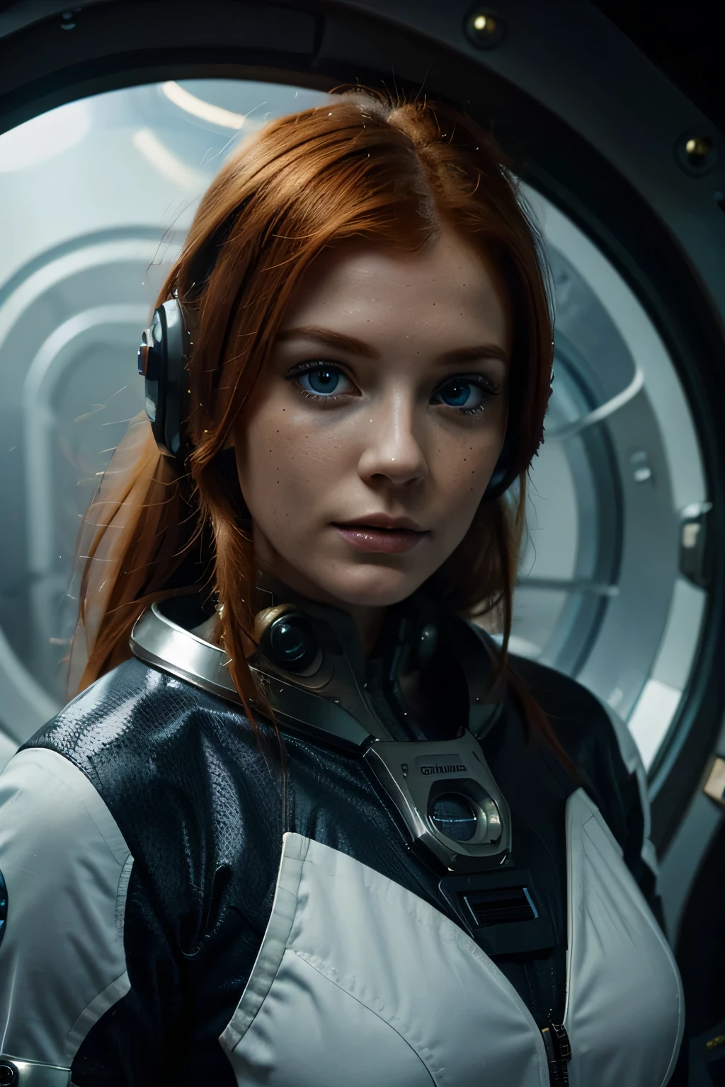 foto de uma mulher de gengibre, in space, traje espacial futurista, (Sardas:0.8) cara bonito, scientific fiction, distopic, Olhos detalhados, olhos azuis
