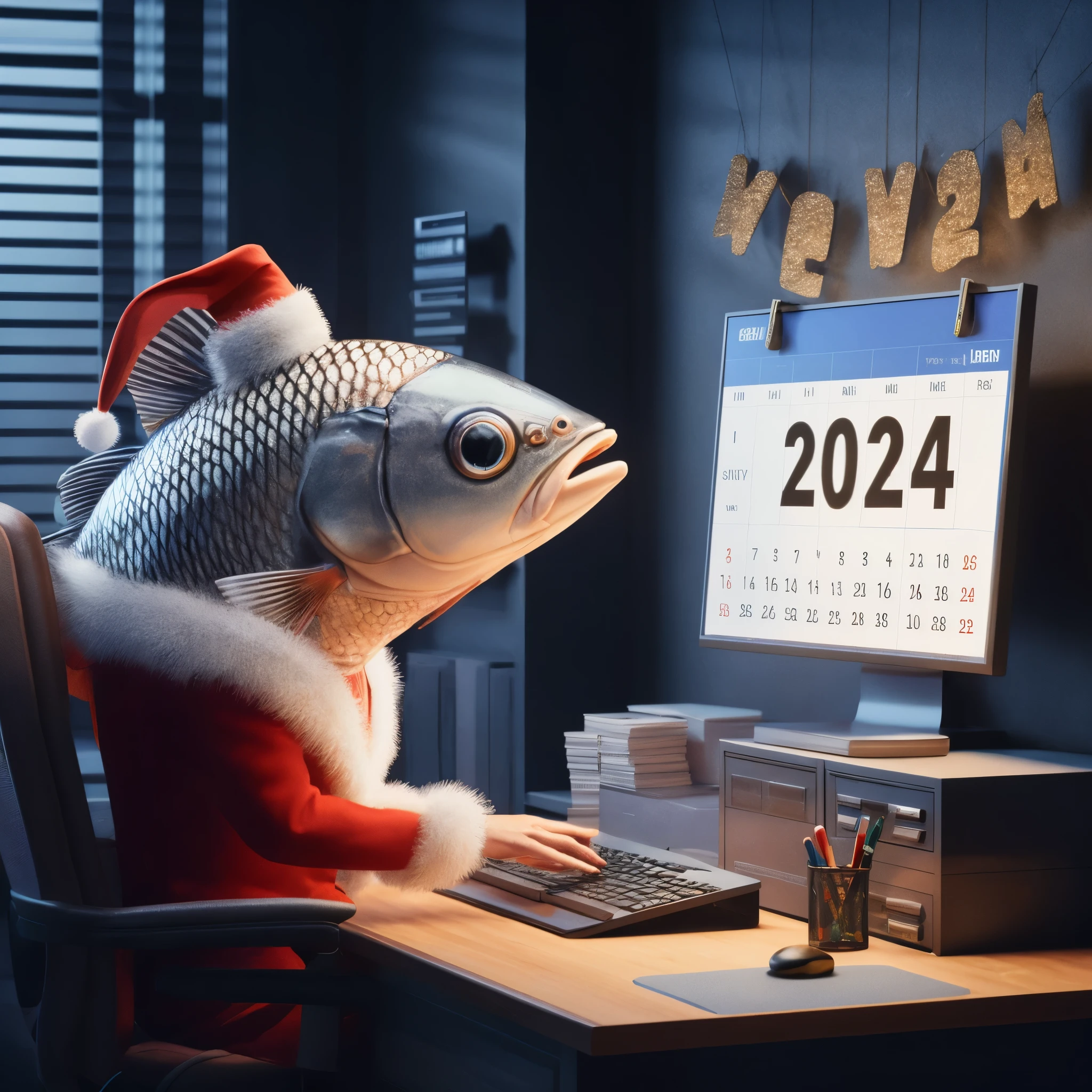 Dressed up fish - bank employee sitting at a computer terminal, large date on the calendar: '2024', festive New Year setting, anatomically correct, full frame, studio lighting, photorealistic, octane render, smooth, sharp focus, super quality, stunning New Year illustration
