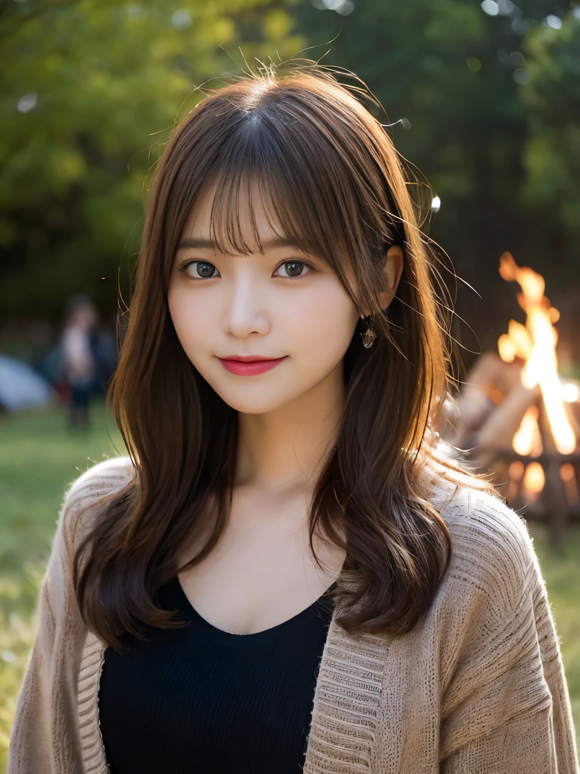 masutepiece, Best Quality, Illustration, Ultra-detailed, finely detail, hight resolution, 8K Wallpaper, Perfect dynamic composition, Beautiful detailed eyes, she is wearing a black long sleeve knit,Medium Hair,Natural Color Lip, Bold sexy poses,Smile,Harajuku、20 years girl、Cute、Sexy shot looking at camera、C Cup、Brown hair、cacique#39;s face、Blurred night mountain campsite bonfire background