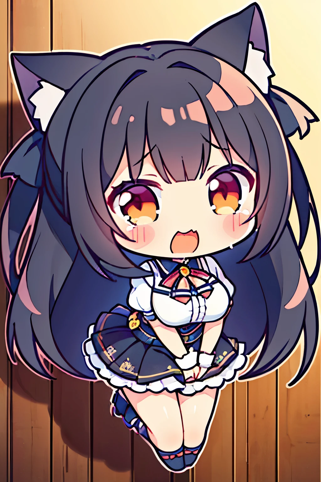 (masterpiece, best-quality, high resolution :1.3), ((chibi art)), 1 girl, cat ears, black hair, big breasts, crying cute face