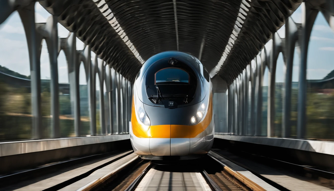 a symmetrical shot of the high-speed train, perfectly aligned within the frame, showcasing its streamlined design and futuristic aesthetic. The shot should convey a sense of harmony and sophistication