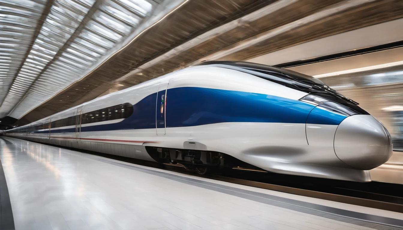a symmetrical shot of the high-speed train, perfectly aligned within the frame, showcasing its streamlined design and futuristic aesthetic. The shot should convey a sense of harmony and sophistication