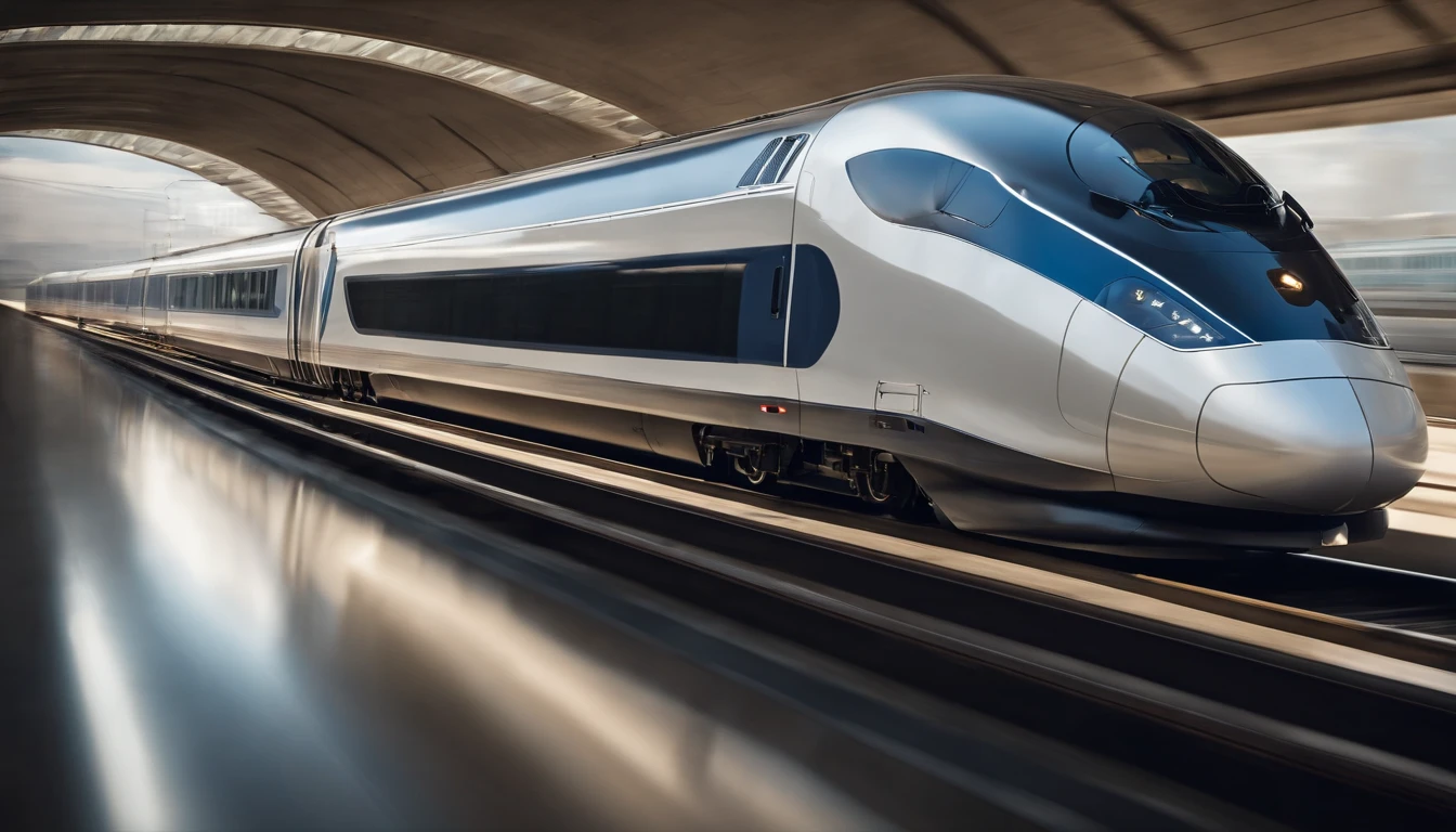 a symmetrical shot of the high-speed train, perfectly aligned within the frame, showcasing its streamlined design and futuristic aesthetic. The shot should convey a sense of harmony and sophistication