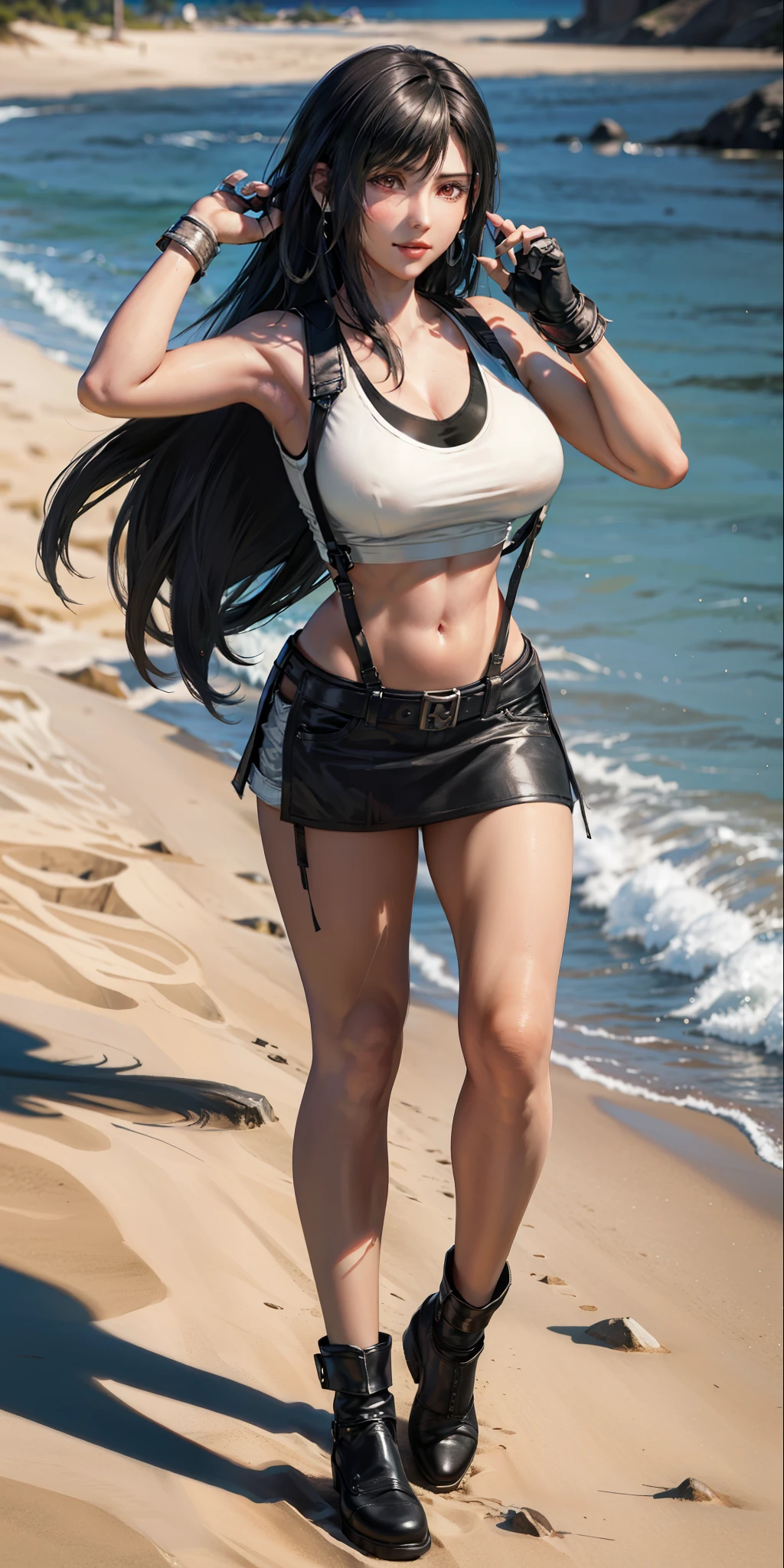 masterpiece, best quality,3d rending work ,3DMM style,close-up, 3D,1girl, solo, black hair, teardropshaped earrings, realistic, (full body:1.5), beach background,sand, sea, bangs, long straight black hair, parted lips, choker, makeup, (white tank top:1.3), (black miniskirt:1.3), red ankle boots, earrings, gloves, (red eyes), tifa lockhart, (large breasts:1.5), cleavage, exposed stomach, toned abs, toned arms, slim, thin figure, long legs, posing, smiling, happy