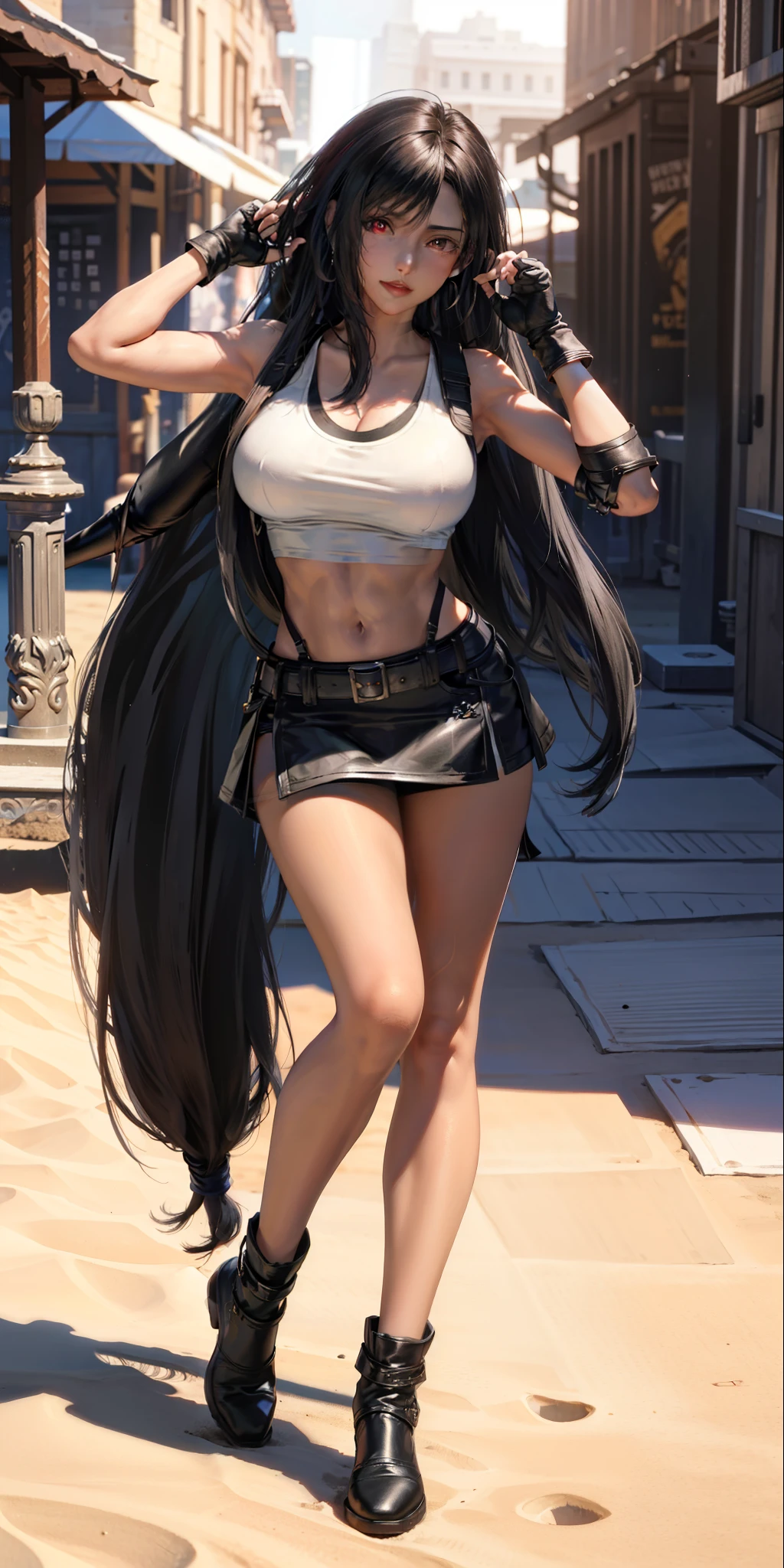 masterpiece, best quality,3d rending work ,3DMM style,close-up, 3D,1girl, solo, black hair, teardropshaped earrings, realistic, (full body:1.5), beach background,sand, sea, bangs, long straight black hair, parted lips, choker, makeup, (white tank top:1.3), (black miniskirt:1.3), red ankle boots,  earrings,  gloves,  (red eyes), tifa lockhart, (large breasts:1.5), cleavage, exposed stomach, toned abs, toned arms, slim, thin figure, long legs, posing, smiling, happy