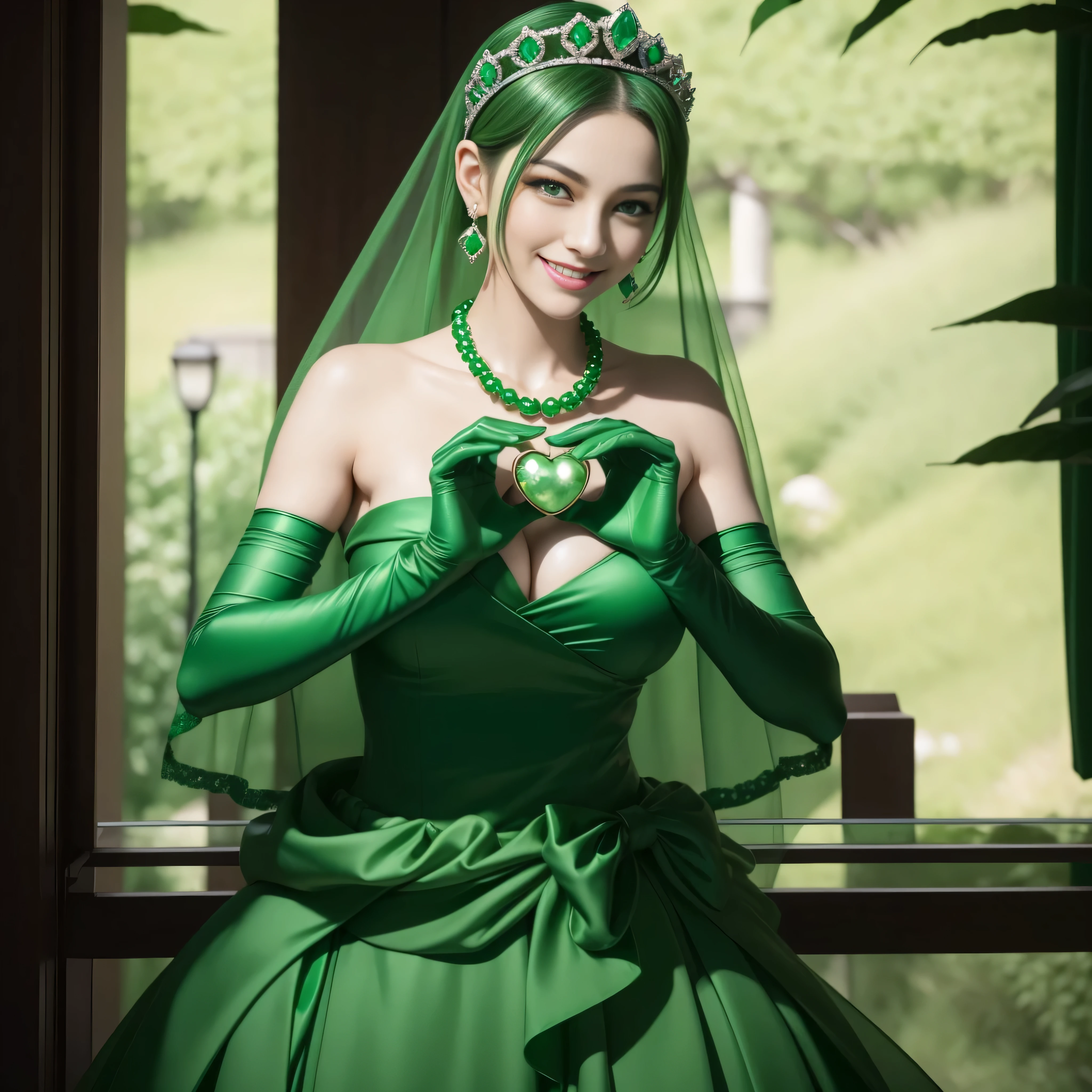 emerald tiara, Green Pearl Necklace, Boyish very short green hair, lipsticks, Japan woman smiling, very short short hair, big breasts beautiful, Green eyes, Long green gloves made of satin material, Green eyes, Emerald Earrings, green vale, 両Heart in the hand, Heart in the hand