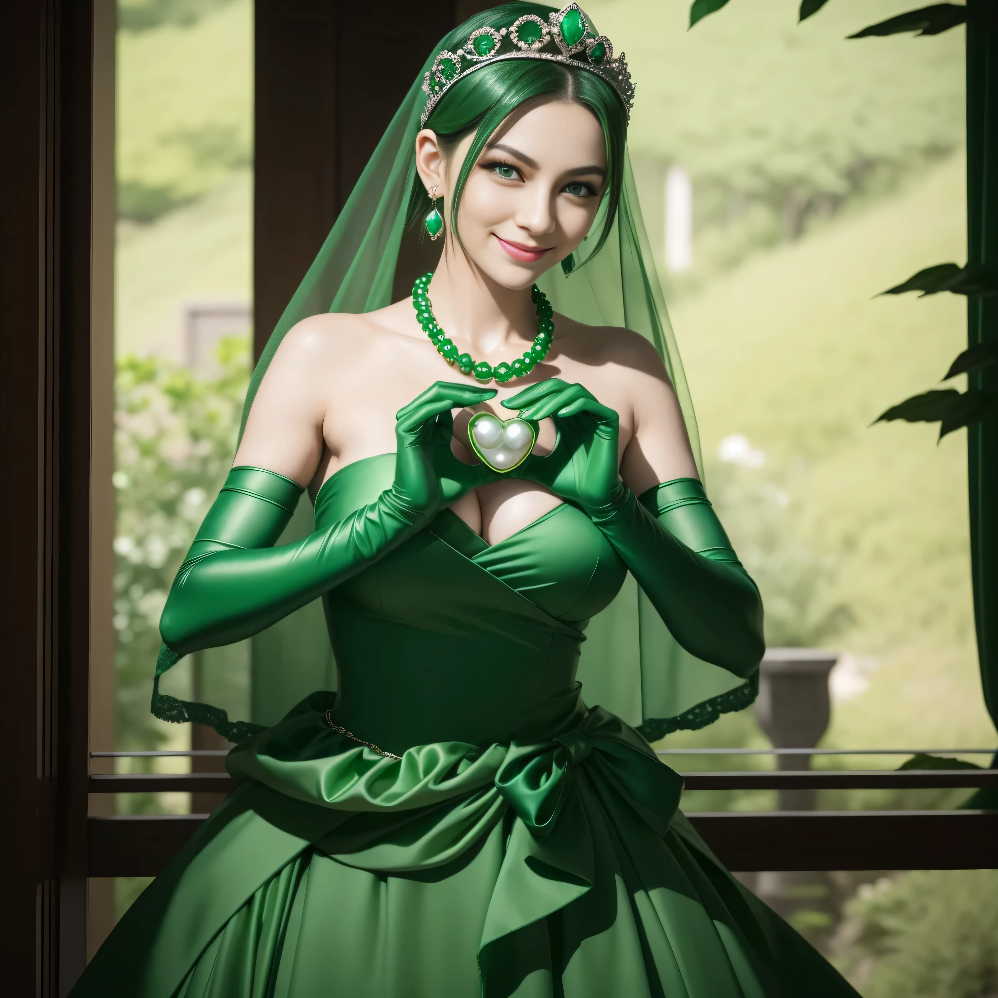 emerald tiara, Green Pearl Necklace, Boyish very short green hair, lipsticks, Japan woman smiling, very short short hair, big breasts beautiful, Green eyes, Long green gloves made of satin material, Green eyes, Emerald Earrings, green vale, 両Heart in the hand, Heart in the hand