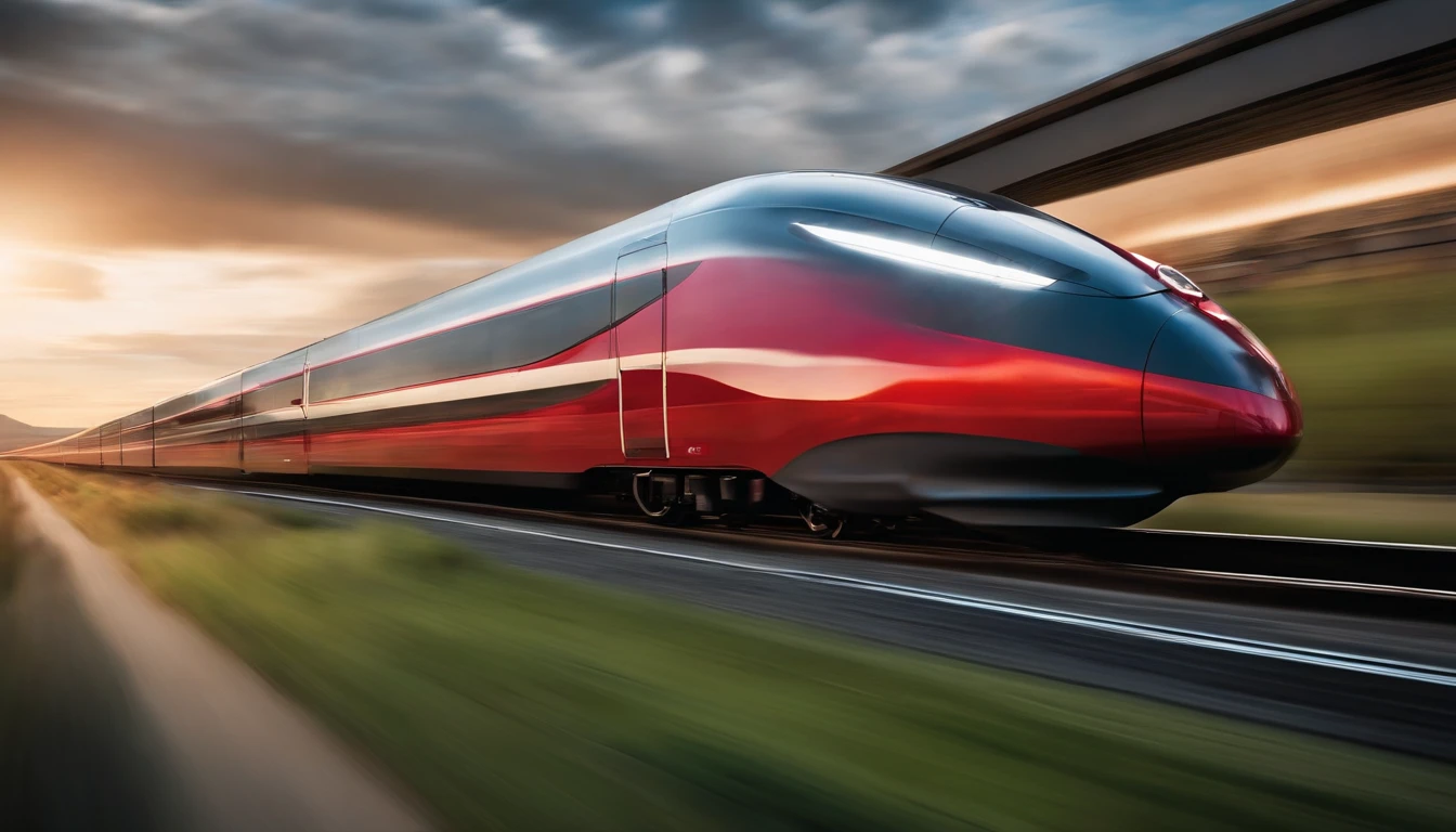 a dynamic shot of a high-speed train zooming past, with a sleek and modern design that represents the future of transportation. The shot should showcase the speed and power of the train