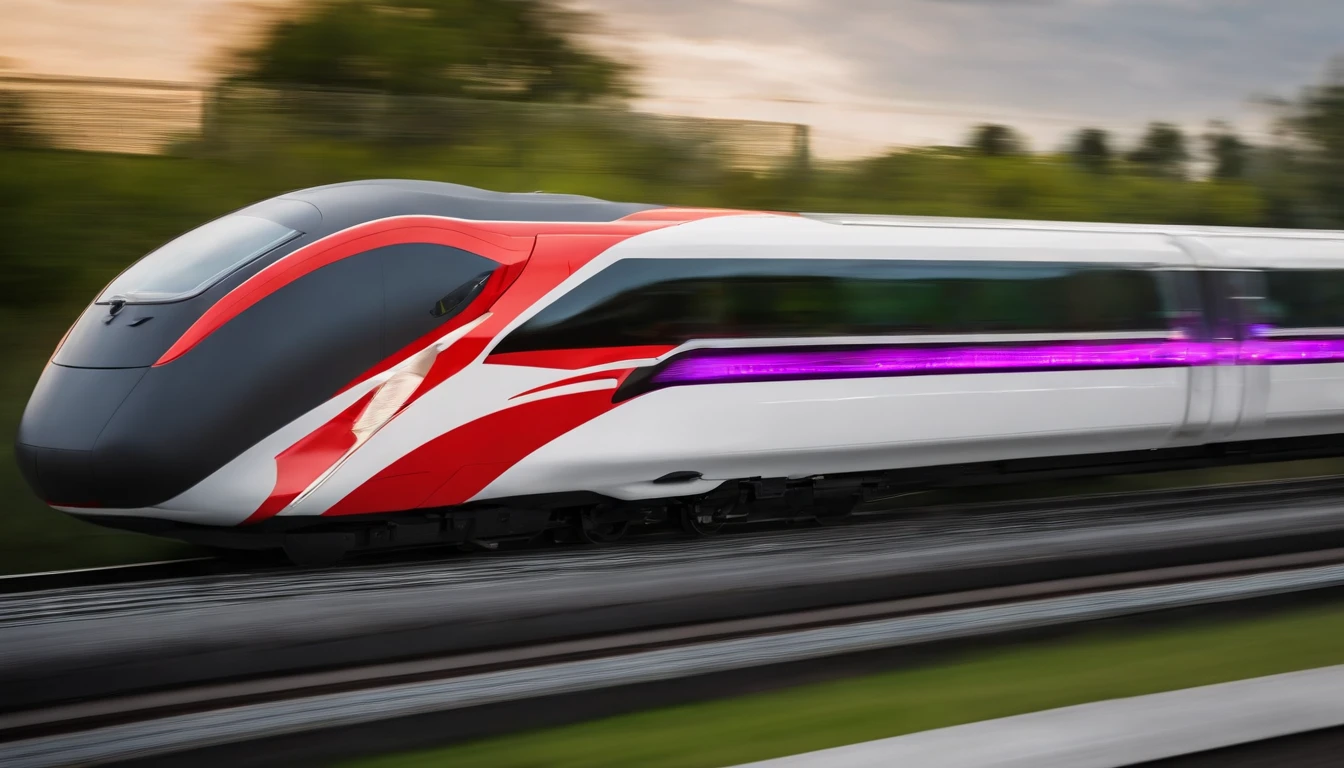 a dynamic shot of a high-speed train zooming past, with a sleek and modern design that represents the future of transportation. The shot should showcase the speed and power of the train