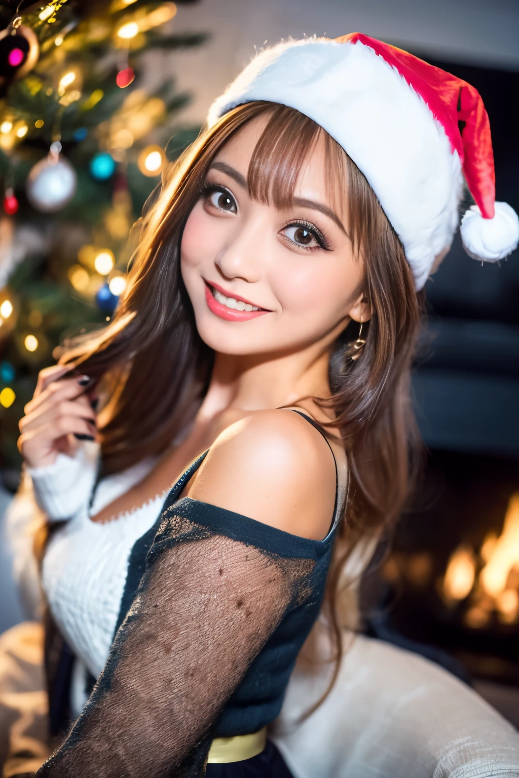 Christmas、Santa Hat、(8K,Raw photo、Raw photo、top-quality、Master masterpiece:1.2)、ultra-detailliert、Super Resolution、(Photorealsitic:1.3)、Angle to shoot from the front、Clearly draw shades of light、high resolution RAW color photos、professional photograpy、Same skin quality as Japanese humane proofing from head to waist、Blur the background、Draws faithfully to anatomy、Very detailed and beautiful、Ultra-high image quality、long、Hair swaying and sexy、Very detailed beautiful girl、(Pink Eye Shadow)、smil、turned around、fluffly、Fluffy、Christmas、Christmas tree、Santa Claus Costume、Yuki、耳?????? Ring