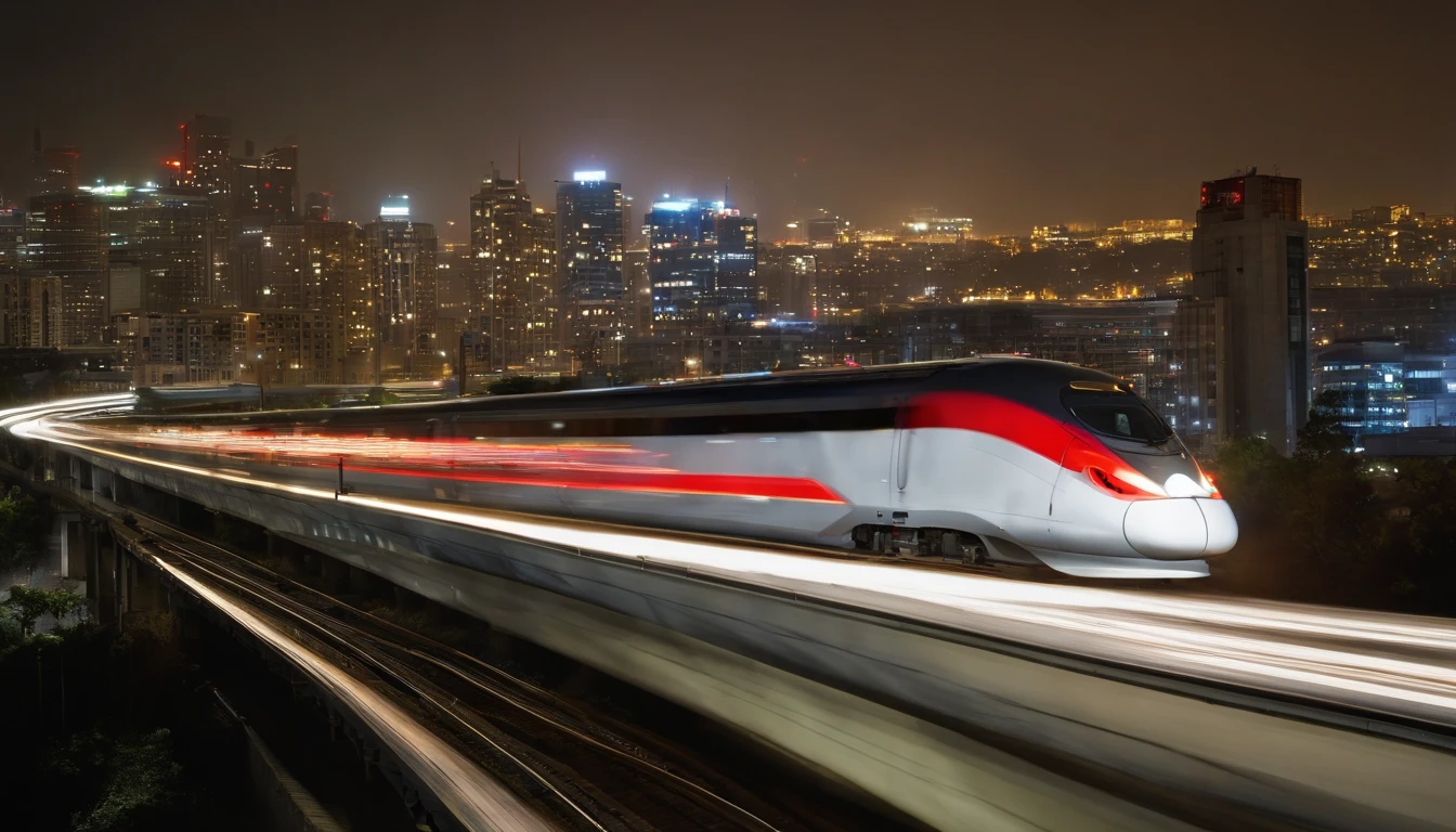 a long-exposure shot of the high-speed train moving through a city at night, with streaks of light trailing behind it. The shot should evoke a sense of excitement and dynamism, representing the future of urban transportation