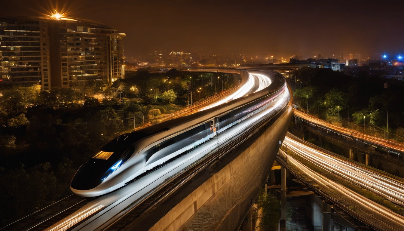 a long-exposure shot of the high-speed train moving through a city at night, with streaks of light trailing behind it. The shot should evoke a sense of excitement and dynamism, representing the future of urban transportation