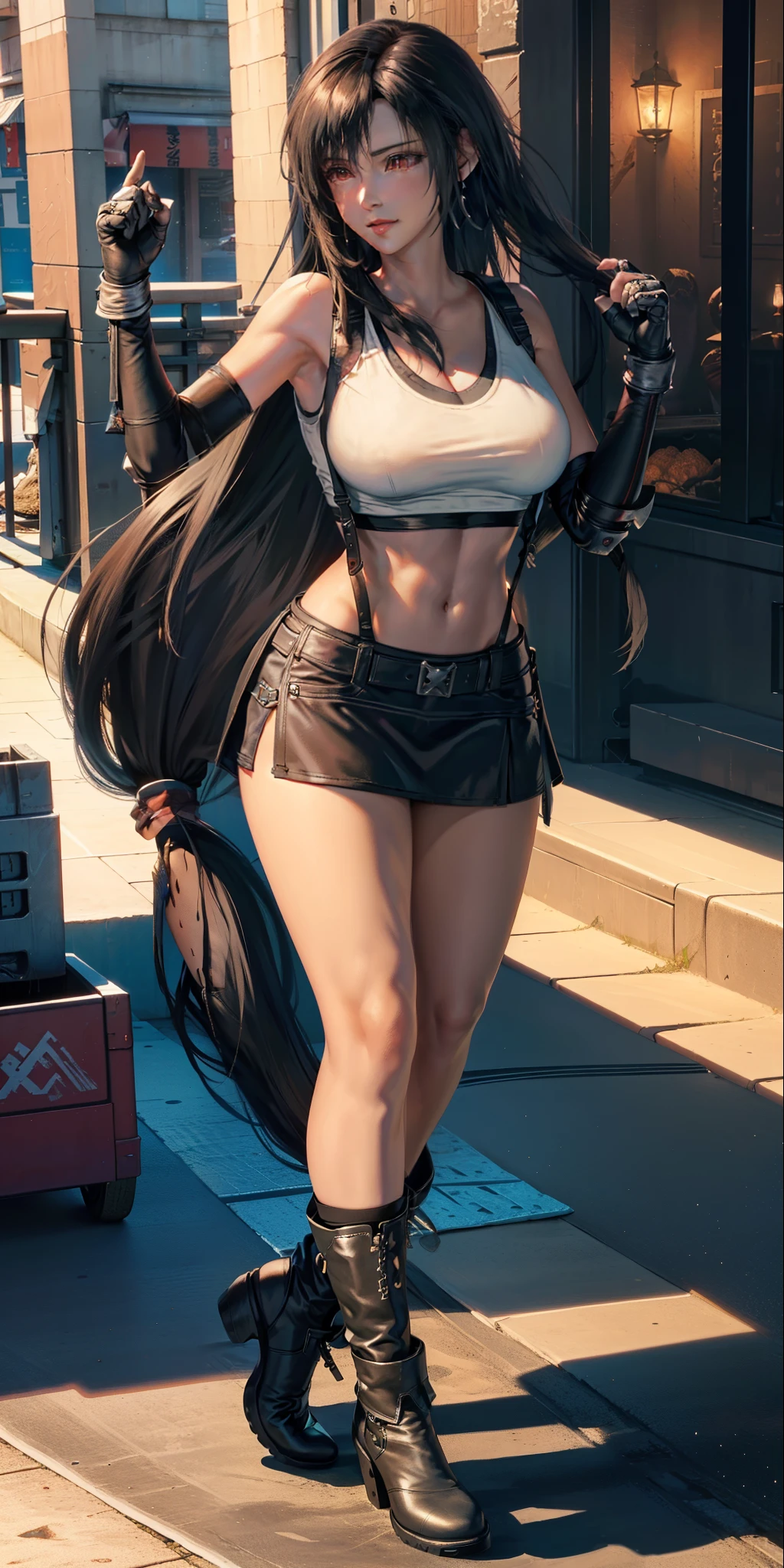 masterpiece, best quality,3d rending work ,3DMM style,close-up, 3D,1girl, solo, black hair, teardropshaped earrings, realistic, (full body:1.5), beach background,sand, sea, bangs, long straight black hair, parted lips, choker, makeup, (white tank top:1.3), (black miniskirt:1.3), (red ankle boots,:1.3) earrings, gloves, (red eyes), tifa lockhart, (large breasts:1.5), cleavage, exposed stomach, toned abs, toned arms, slim, thin figure, long legs, posing, smiling, happy