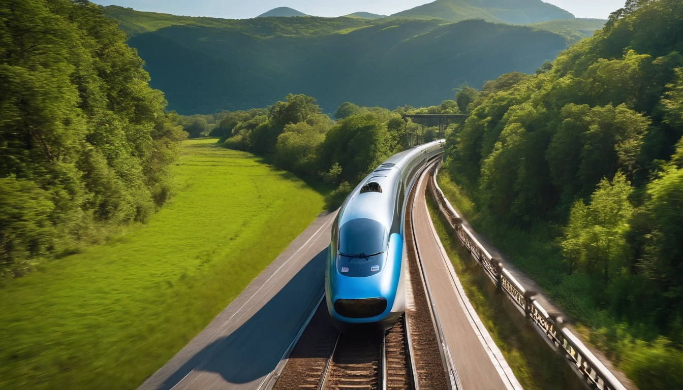 a serene shot of the high-speed train gliding through a scenic countryside, with lush greenery and clear blue skies as the backdrop. The shot should represent the harmonious coexistence of nature and technology in the future