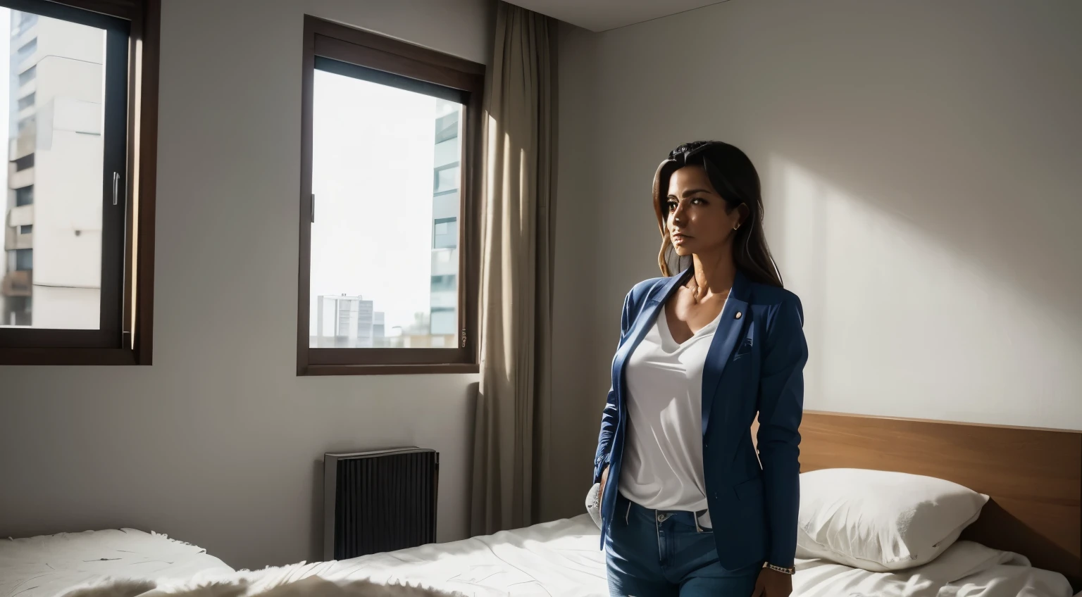 uma mulher brasileira, de 45 anos, wakes up in his apartment in São Paulo. She is dressed in a work outfit: a pair of jeans, uma camisa branca e um blazer. She gets up from the bed and goes to the window. mostrar a mulher em imagem full body, completamente vestida,