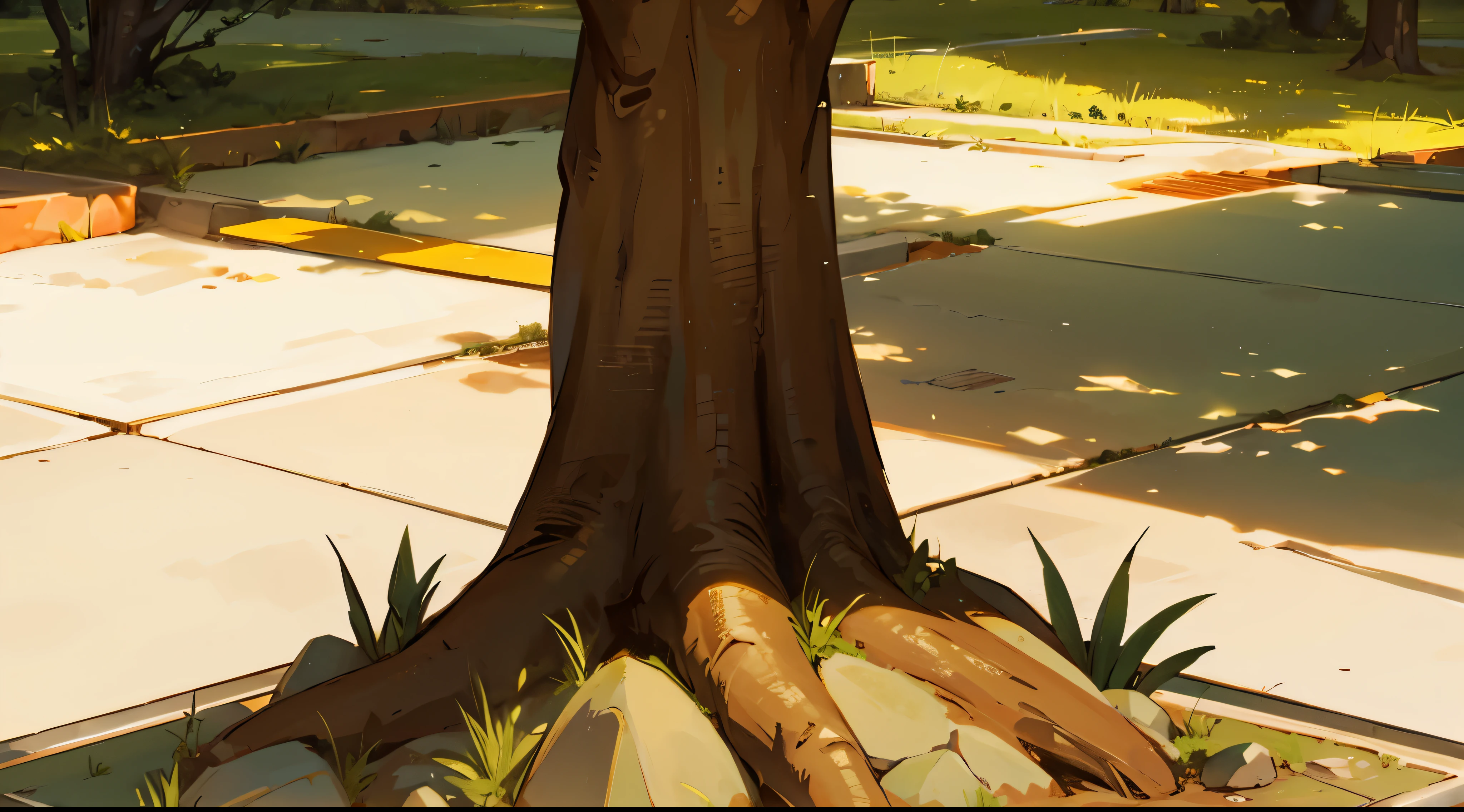 a tree, rocks and grass under the tree, concrete ground, afternoon time,