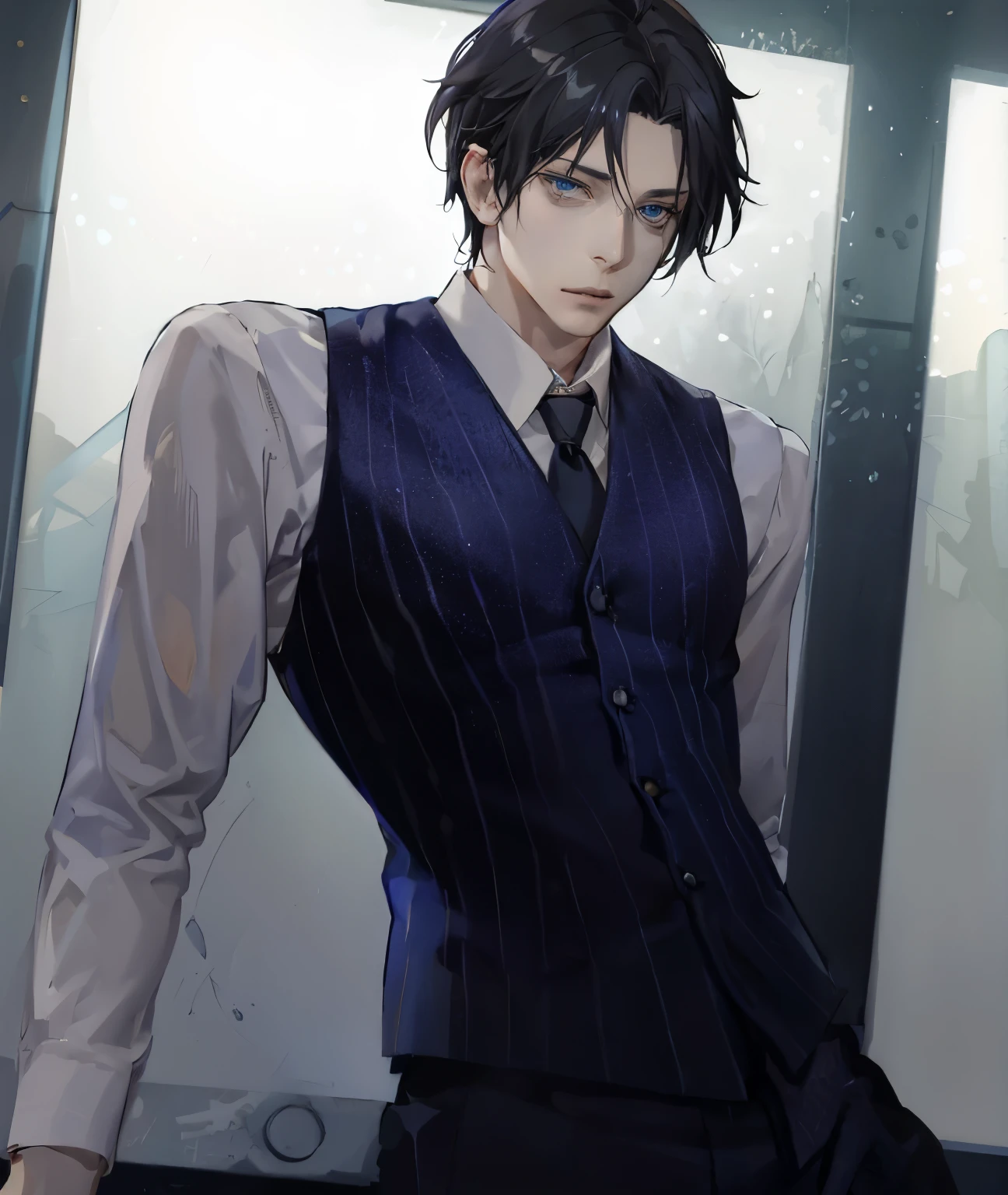 Anime man wearing a vest and tie standing in front of the window, Anime Handsome, beautiful man, Tall anime guy with blue eyes, inspired by Masanobu Okumura, Handsome Anime Pose, hijikata toushirou, handsome guy in demon slayer art, inspired by Okumura Togyu, taisho roman, in a strict suit