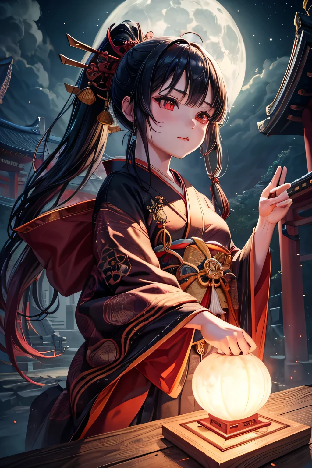 Ancient japanese shrine priestess, Cute Girl, Kimono, Long Hair in ponytail, Ruby Red Eyes, Full Moon, Haori, evil smirk, loli, wielding a priestess staff, summoning spirits and ghosts, Ghosts and spirits flying around her, nighttime, highly detailed, vibrant appearance, creative behavior, extremly detailed, imaginative, , spontaneous, highest quality, skin texture, intricate details, (cinematic lighting), RAW photo, 8k, masterpiece,best quality,ultra-detailed,very detailed illustrations,extremely detailed,intricate details,highres,super complex details,extremely detailed 8k cg wallpaper,