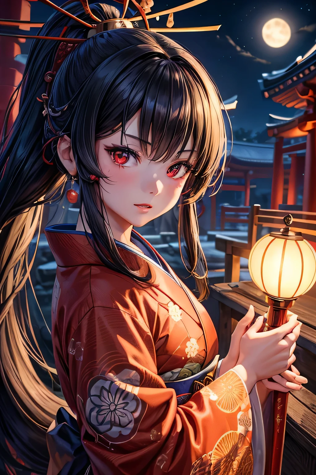 Ancient japanese shrine priestess, Cute Girl, Kimono, Long Hair in ponytail, Ruby Red Eyes, Full Moon, Haori, evil smirk, , wielding a priestess staff, summoning spirits and ghosts, Ghosts and spirits flying around her, nighttime, highly detailed, vibrant appearance, creative behavior, extremly detailed, imaginative, , spontaneous, highest quality, skin texture, intricate details, (cinematic lighting), RAW photo, 8k, masterpiece,best quality,ultra-detailed,very detailed illustrations,extremely detailed,intricate details,highres,super complex details,extremely detailed 8k cg wallpaper,
