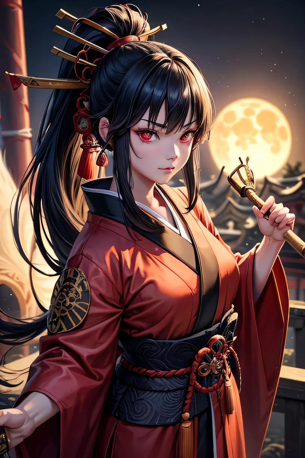 Ancient japanese shrine priestess, combat stance, Cute Girl, Kimono, Long Hair in ponytail, Ruby Red Eyes, Full Moon, Haori, evil smirk, , wielding a priestess staff, summoning spirits and ghosts, Ghosts and spirits flying around her, nighttime, highly detailed, vibrant appearance, creative behavior, extremly detailed, imaginative, , spontaneous, highest quality, skin texture, intricate details, (cinematic lighting), RAW photo, 8k, masterpiece,best quality,ultra-detailed,very detailed illustrations,extremely detailed,intricate details,highres,super complex details,extremely detailed 8k cg wallpaper,