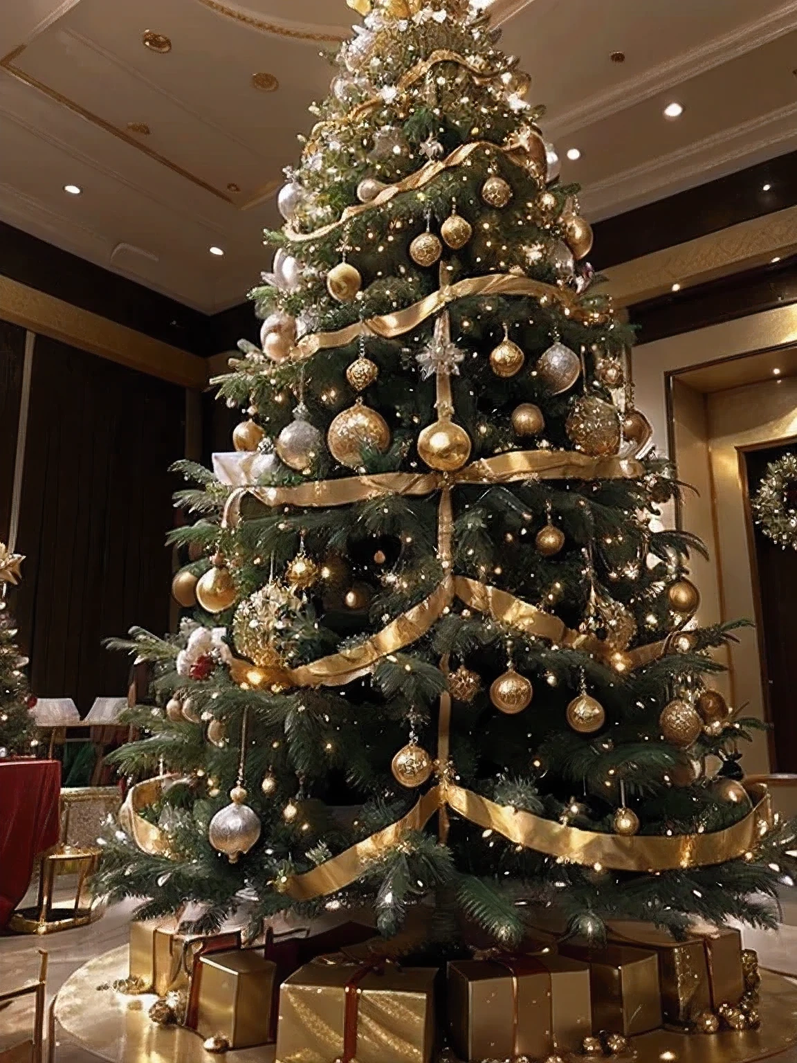 there is a christmas tree with gold ornaments and a gold bow, lavishly decorated, golden ornaments, christmas tree, fully decorated, gold decorations, with lots of thin ornaments, ethereal gold and silver tones, hight decorated, ornaments, holiday vibe, detailed ornaments, gold and silver tones, decorations, decorated ornaments, ornate with gold trimmings, tree's