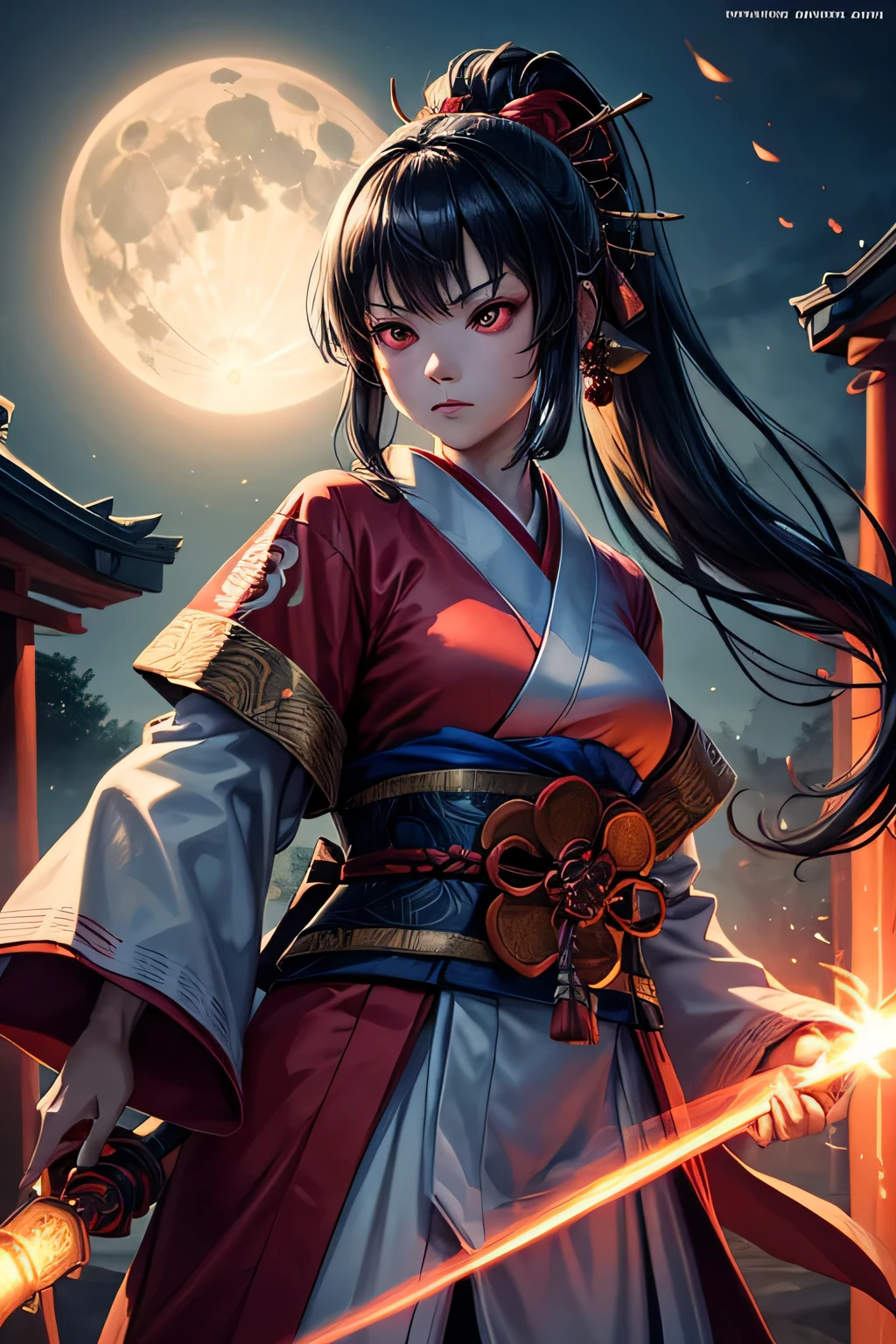 Ancient japanese shrine priestess, combat stance, Cute Girl, Kimono, Long Hair in ponytail, Ruby Red Eyes, Full Moon, Haori, evil smirk, loli, wielding a priestess staff, summoning spirits and ghosts, Ghosts and spirits flying around her, nighttime, highly detailed, vibrant appearance, creative behavior, extremly detailed, imaginative, , spontaneous, highest quality, skin texture, intricate details, (cinematic lighting), RAW photo, 8k, masterpiece,best quality,ultra-detailed,very detailed illustrations,extremely detailed,intricate details,highres,super complex details,extremely detailed 8k cg wallpaper,