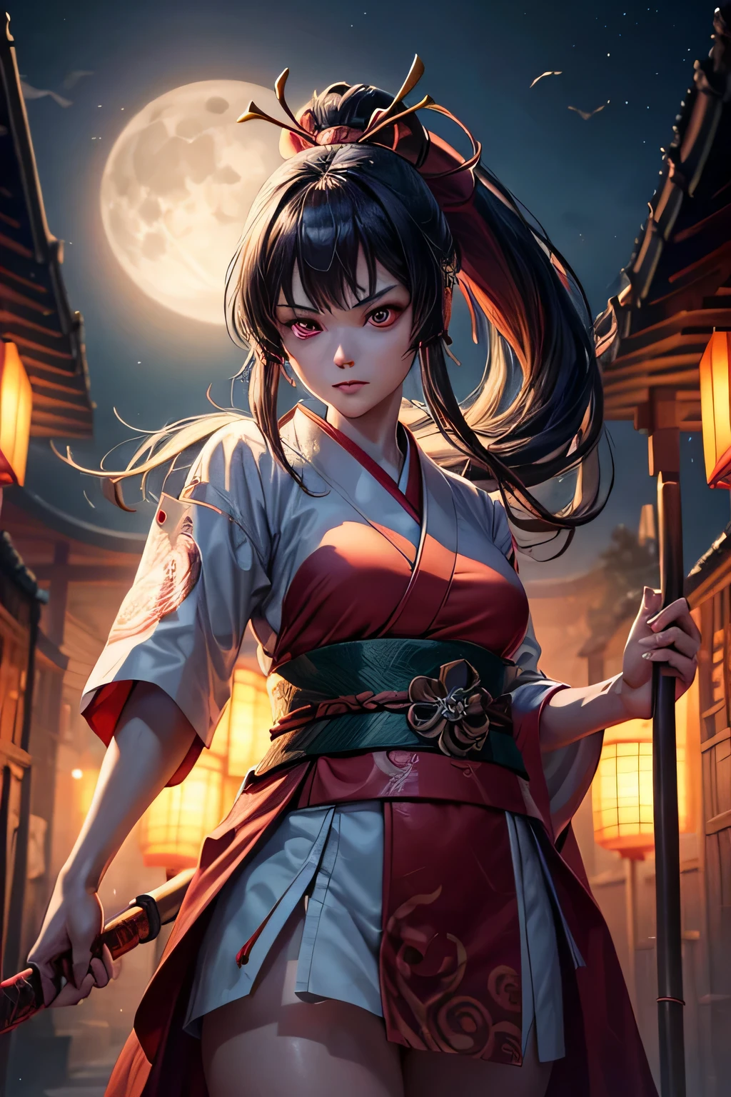 Ancient japanese shrine priestess, combat stance, Cute Girl, Kimono, Long Hair in ponytail, Ruby Red Eyes, Full Moon, Haori, evil smirk, loli, wielding a priestess staff, summoning spirits and ghosts, Ghosts and spirits flying around her, nighttime, highly detailed, vibrant appearance, creative behavior, extremly detailed, imaginative, , spontaneous, highest quality, skin texture, intricate details, (cinematic lighting), RAW photo, 8k, masterpiece,best quality,ultra-detailed,very detailed illustrations,extremely detailed,intricate details,highres,super complex details,extremely detailed 8k cg wallpaper,