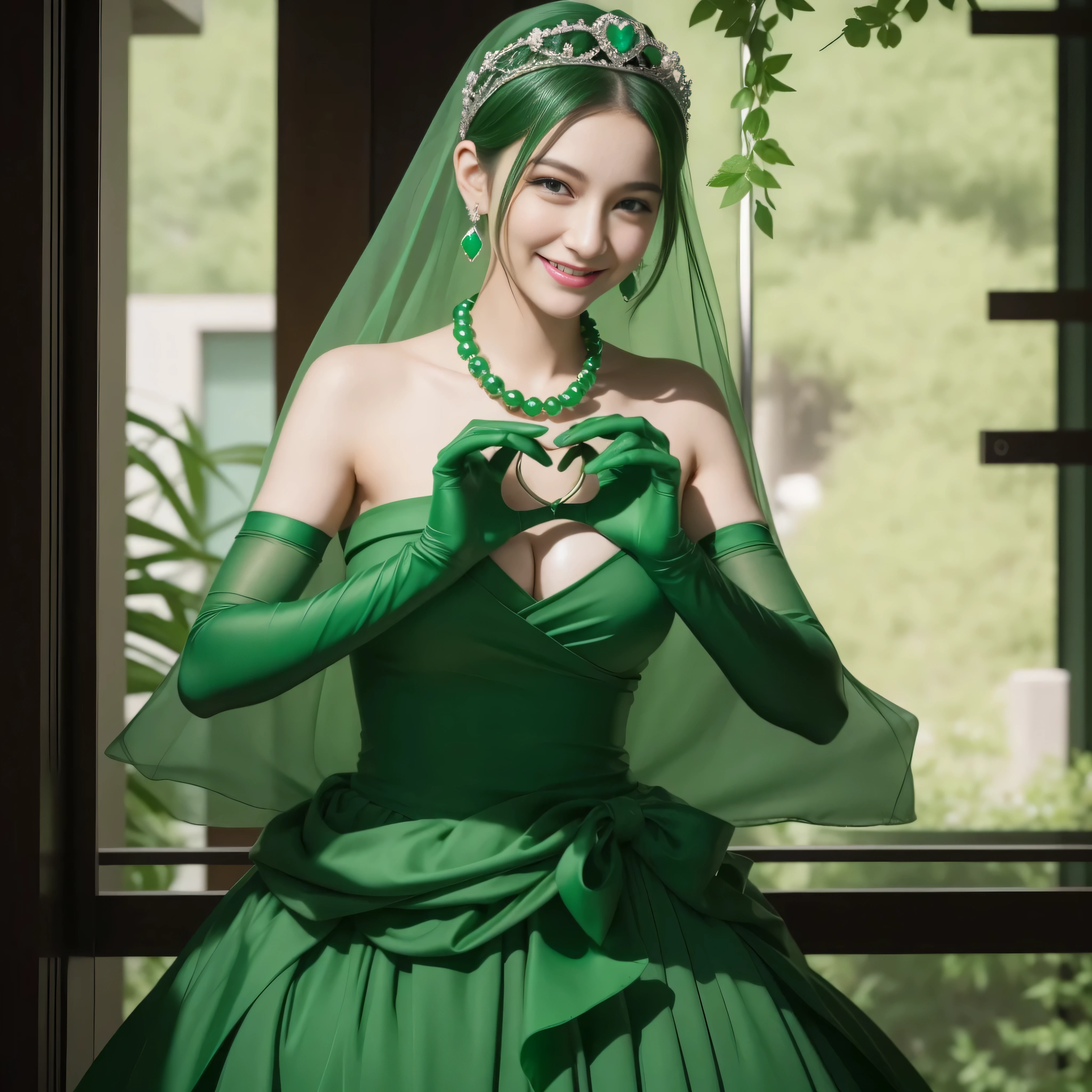 emerald tiara, Green Pearl Necklace, Boyish very short green hair, lipsticks, Japan woman smiling, very short short hair, big breasts beautiful, Green eyes, Long green gloves made of satin material, Green eyes, Emerald Earrings, green vale, 両Heart in the hand, Heart in the hand