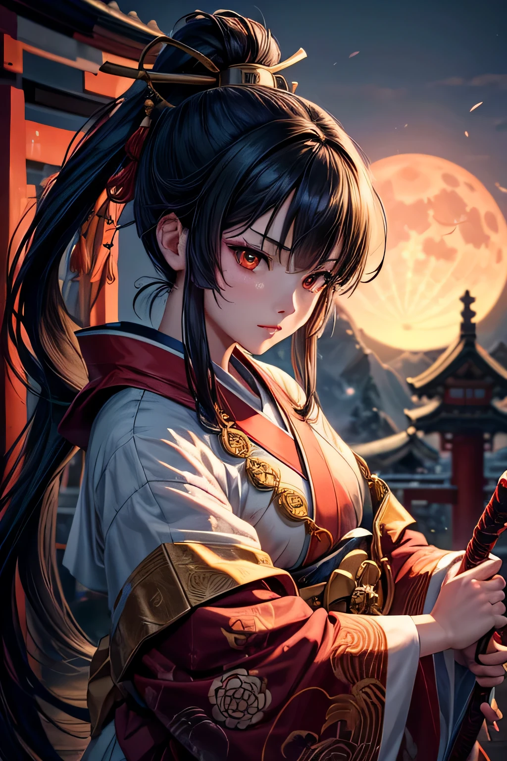 Ancient japanese shrine priestess, combat stance, Cute Girl, Kimono, Long Hair in ponytail, red Full Moon, Haori, evil smirk, loli, wielding a priestess staff, summoning spirits and ghosts, Ghosts and spirits flying around her, nighttime, highly detailed, vibrant appearance, creative behavior, extremly detailed, imaginative, , spontaneous, highest quality, skin texture, intricate details, (cinematic lighting), RAW photo, 8k, masterpiece,best quality,ultra-detailed,very detailed illustrations,extremely detailed,intricate details,highres,super complex details,extremely detailed 8k cg wallpaper,