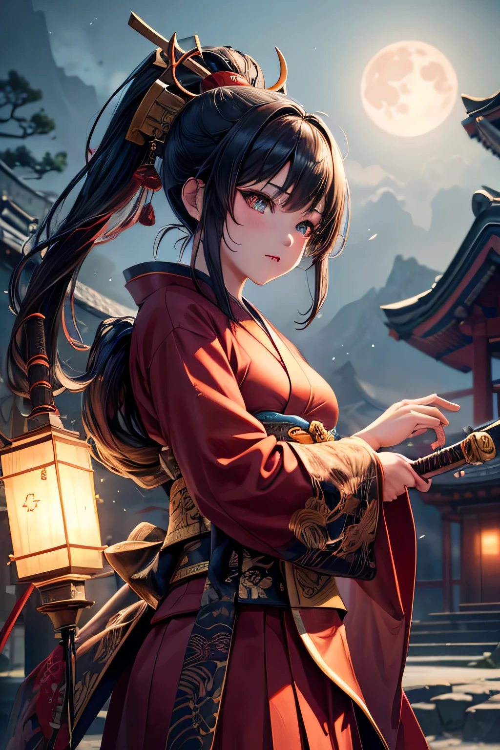 Ancient japanese shrine priestess, combat stance, Cute Girl, Kimono, Long Hair in ponytail, red Full Moon, Haori, evil smirk, loli, wielding a priestess staff, summoning spirits and ghosts, Ghosts and spirits flying around her, nighttime, highly detailed, vibrant appearance, creative behavior, extremly detailed, imaginative, , spontaneous, highest quality, skin texture, intricate details, (cinematic lighting), RAW photo, 8k, masterpiece,best quality,ultra-detailed,very detailed illustrations,extremely detailed,intricate details,highres,super complex details,extremely detailed 8k cg wallpaper,