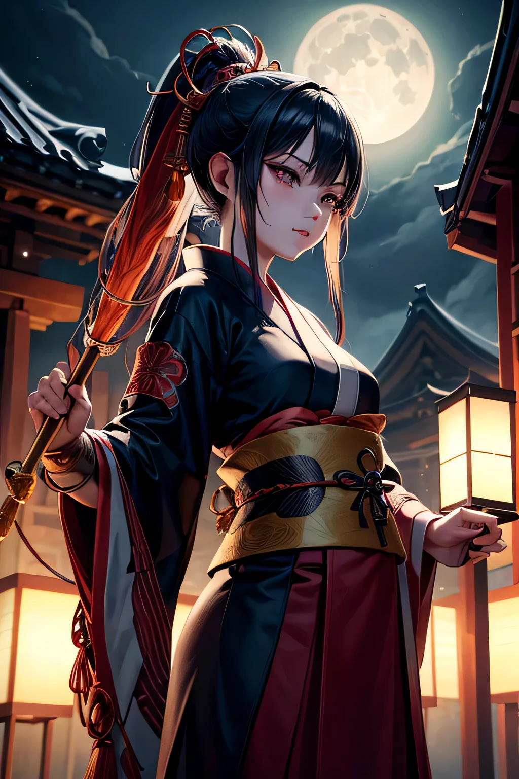 Ancient japanese shrine priestess, combat stance, Cute Girl, Kimono, Long Hair in ponytail, red Full Moon, Haori, evil smirk, , holding a priestess staff, controlling fire, Ghosts and spirits flying around her, nighttime, highly detailed, vibrant appearance, creative behavior, extremly detailed, imaginative, , spontaneous, highest quality, skin texture, intricate details, (cinematic lighting), RAW photo, 8k, masterpiece,best quality,ultra-detailed,very detailed illustrations,extremely detailed,intricate details,highres,super complex details,extremely detailed 8k cg wallpaper,