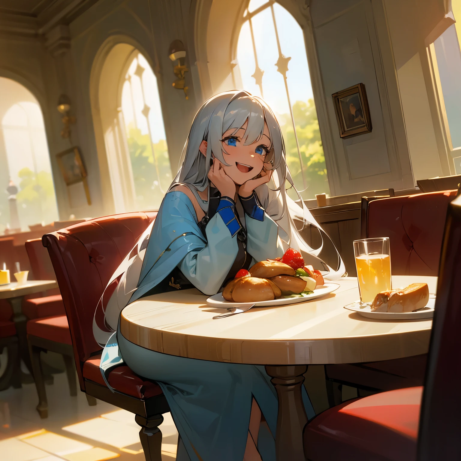 ((masterpiece)), high resolution,((best quality)), vibrant colors, female, masterpiece, sharp focus, best quality, depth of field, cinematic lighting, long hair, silver hair, blue eyes, laughing, at restaurant, food, wide view, god rays, sitting down, casual clothes