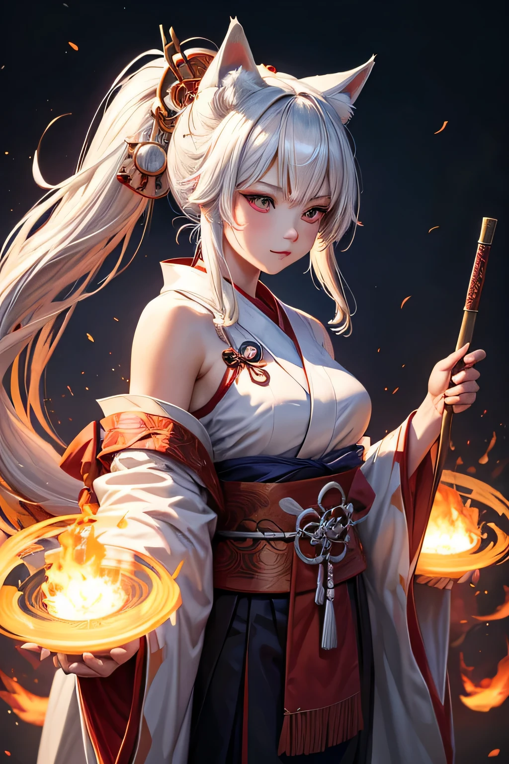 Ancient japanese shrine priestess, combat stance, Cute Girl, Kimono, Long white Hair in ponytail, fox ears, fluffy fox tail, red Full Moon, Haori, evil smirk, loli, holding a priestess staff, controlling fire, Ghosts and spirits flying around her, nighttime, highly detailed, vibrant appearance, creative behavior, extremly detailed, imaginative, , spontaneous, highest quality, skin texture, intricate details, (cinematic lighting), RAW photo, 8k, masterpiece,best quality,ultra-detailed,very detailed illustrations,extremely detailed,intricate details,highres,super complex details,extremely detailed 8k cg wallpaper,