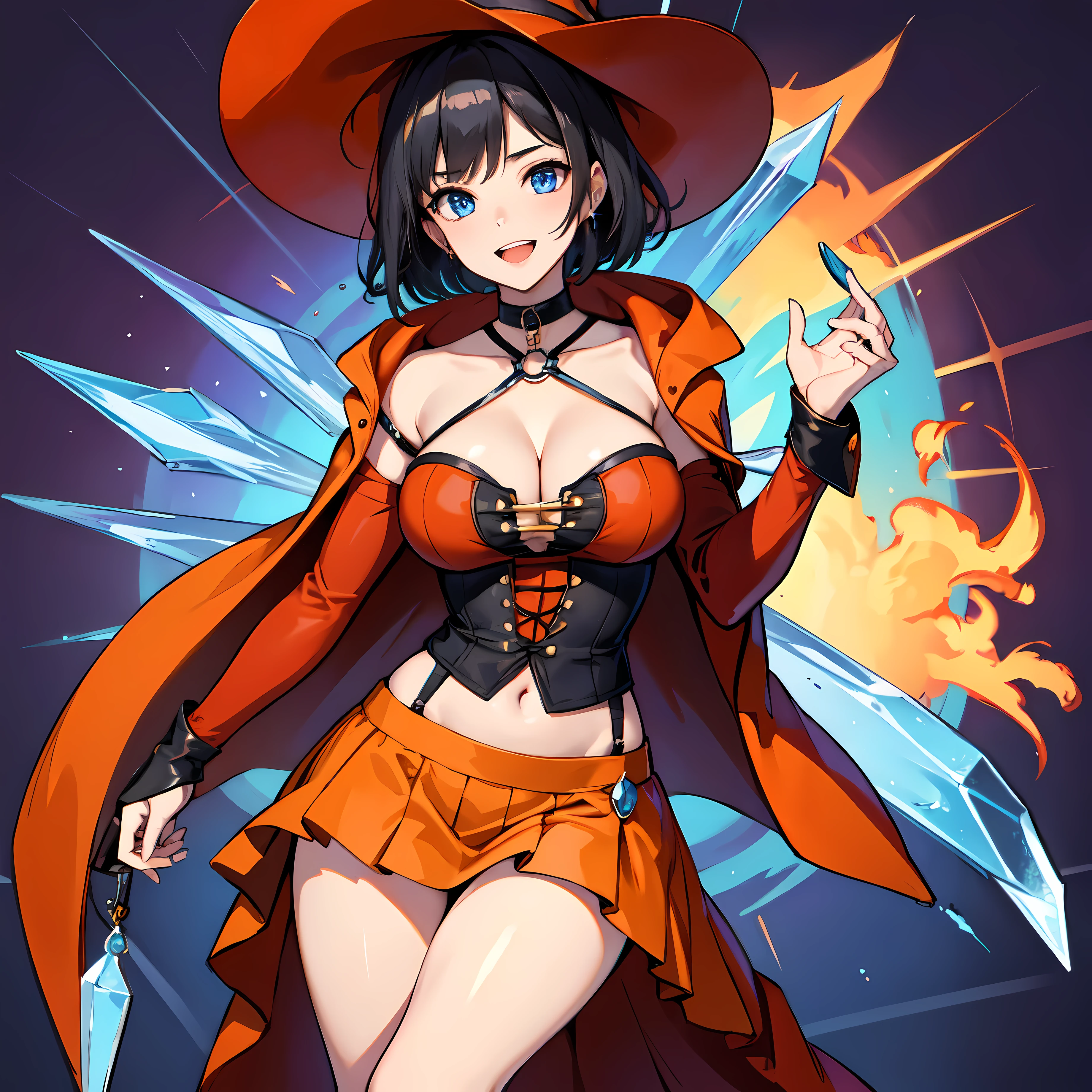 (Obra maestra), La mejor calidad, ojos expresivos, Cara perfecta, 1girl, bruja, senos grandes, escote, gargantilla BREAK ojos azules, orange bruja hat BREAK short hair, camisa flapper roja BREAK pelo negro , diafragma, red cape BREAK orange skirt BREAK jewelry, :D, They are smiling, En pie, purple backdrop, cristal