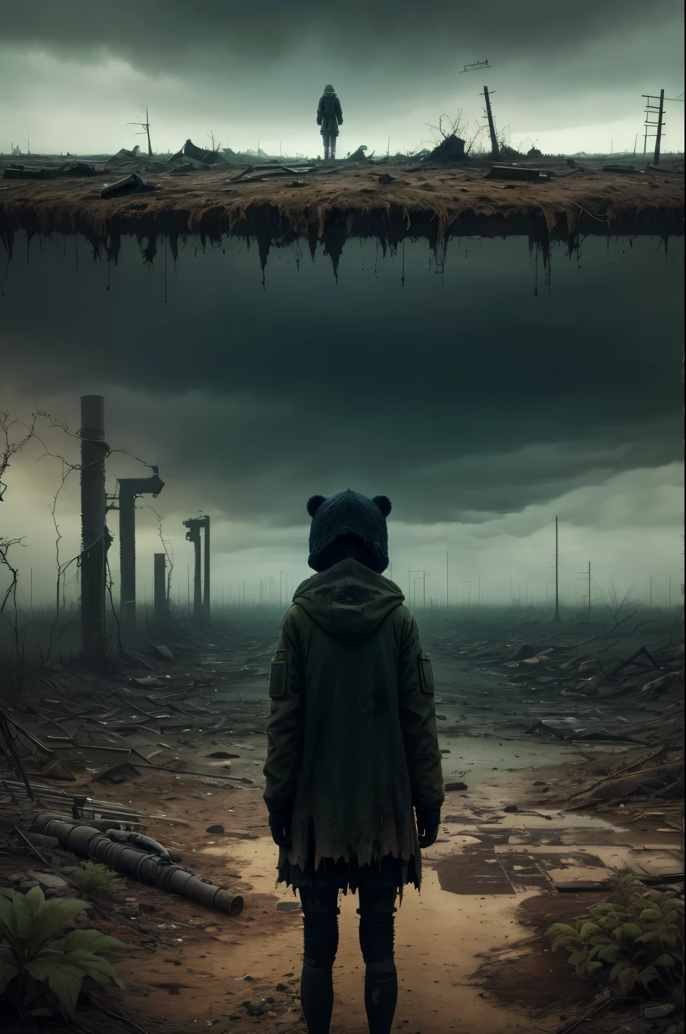 Lonely girl, teddy bear, nuclear wasteland, plants regaining territory, desolation, eerie atmosphere, (dark and moody:1.4), (loneliness:1.ost-apocalyptic:1.2).