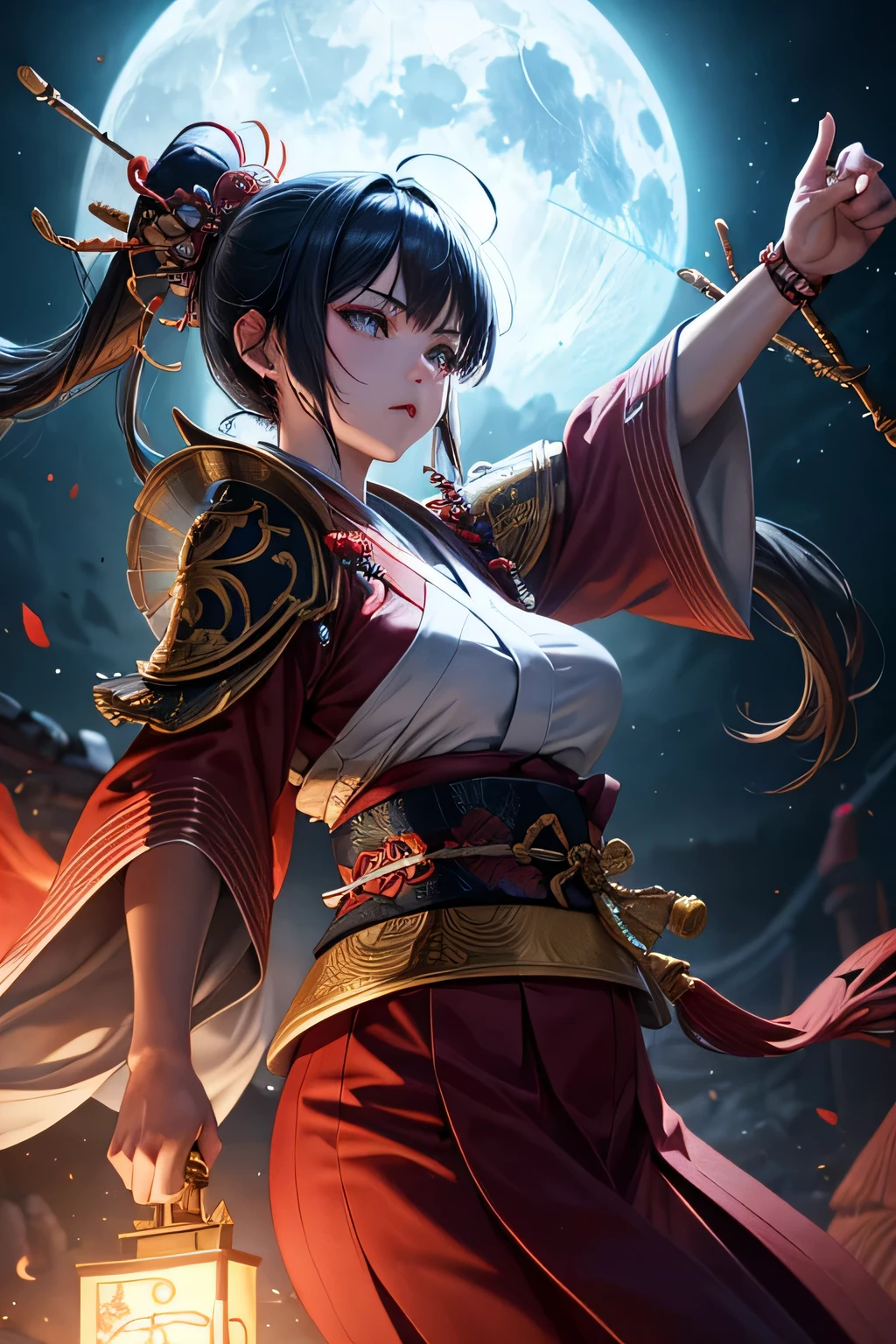 Ancient japanese shrine priestess, combat stance, light armor, ready to fight, evil mean look on her face, Cute Girl, Kimono, Long Hair in ponytail, ,  red Full Moon, Haori, loli, holding a priestess staff, controlling fire, Ghosts and spirits flying around her, nighttime, highly detailed, vibrant appearance, creative behavior, extremly detailed, imaginative, , spontaneous, highest quality, skin texture, intricate details, (cinematic lighting), RAW photo, 8k, masterpiece,best quality,ultra-detailed,very detailed illustrations,extremely detailed,intricate details,highres,super complex details,extremely detailed 8k cg wallpaper,